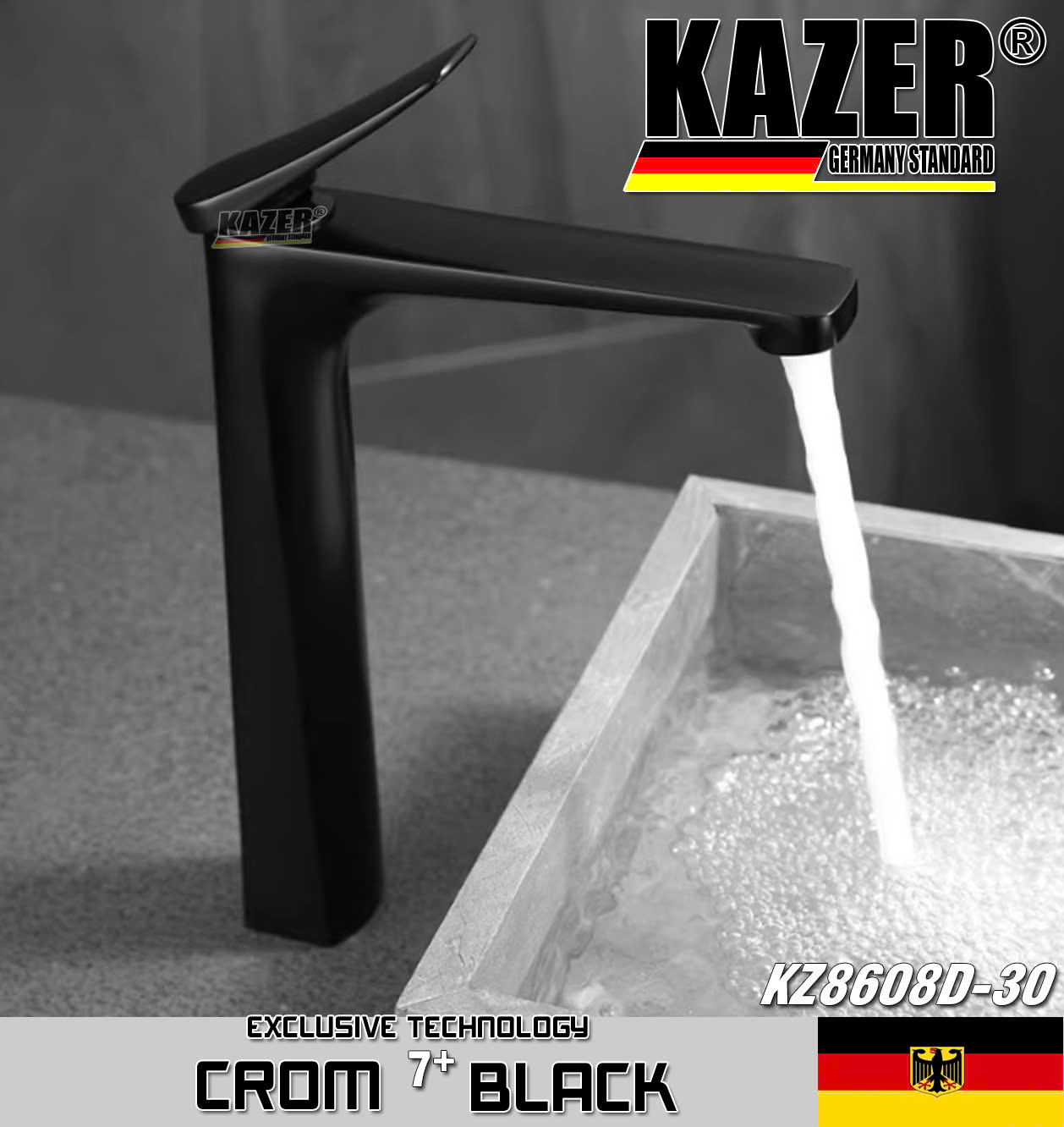 KZ8608D-30 - VÒI LAVABO NÓNG LẠNH ĐỒNG THAU KAZER, MẠ CROM 7+ BLACK - 30CM