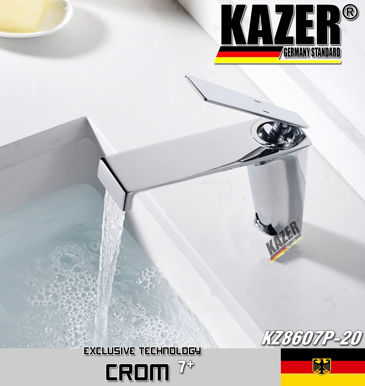 KZ8607P-20 - VÒI LAVABO NÓNG LẠNH ĐỒNG THAU KAZER, MẠ CROM 7+ 20CM