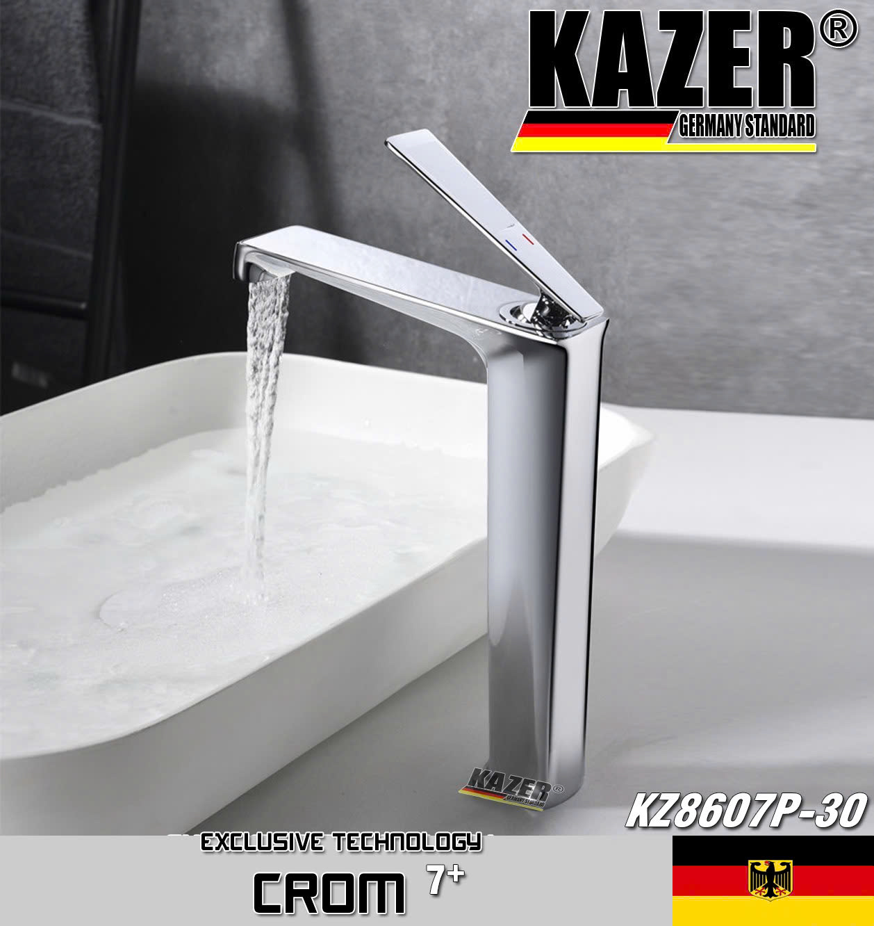 KZ8607P-30 - VÒI LAVABO NÓNG LẠNH ĐỒNG THAU KAZER, MẠ CROM 7+ 30CM