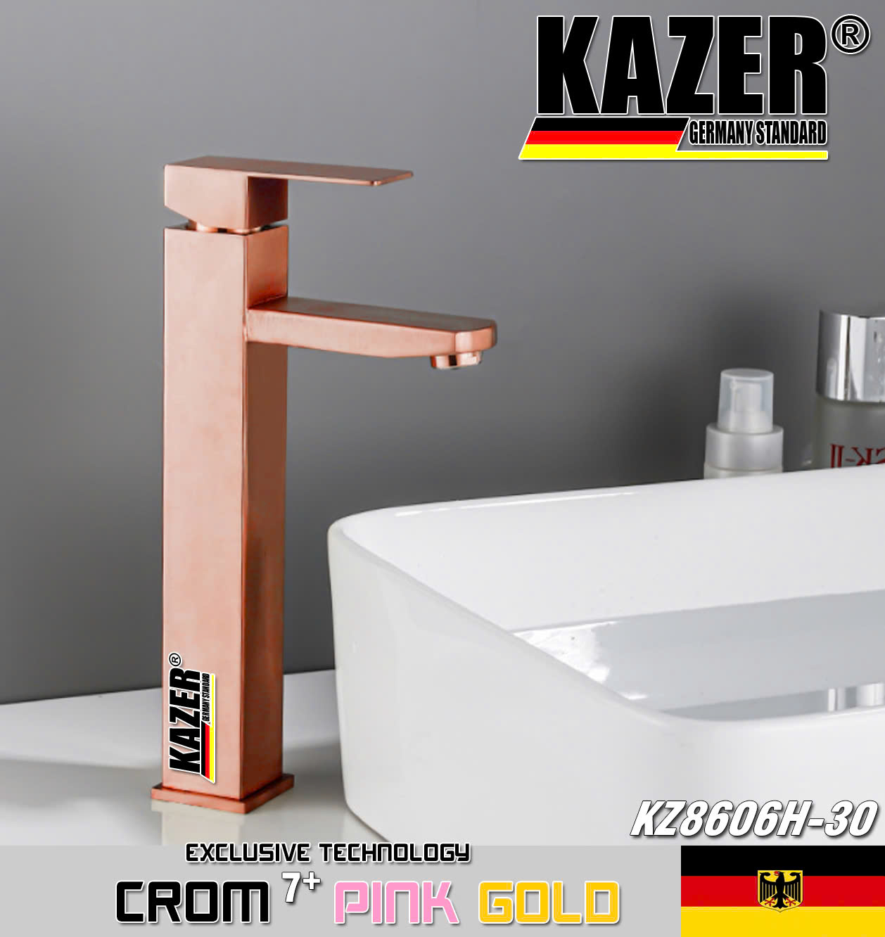 KZ8606H-30 - VÒI LAVABO NÓNG LẠNH ĐỒNG THAU KAZER, MẠ CROM 7+ PINK GOLD - 30CM