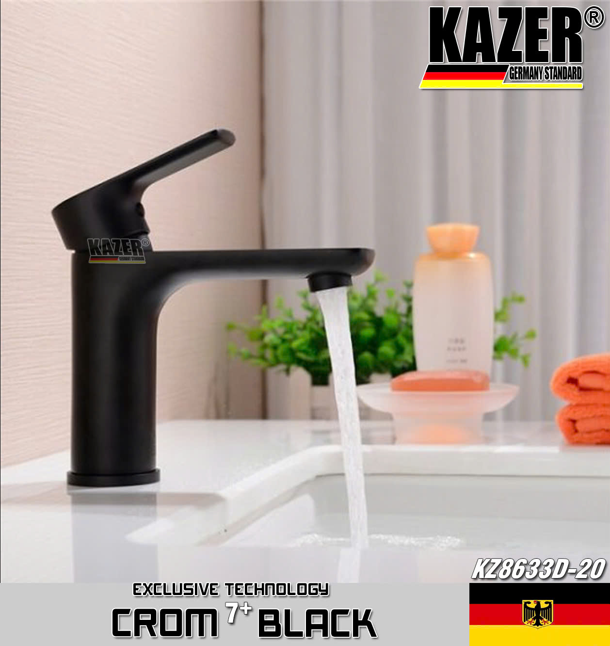 KZ8633D-20 - VÒI LAVABO NÓNG LẠNH ĐỒNG THAU KAZER, MẠ CROM 7+ BLACK 20CM