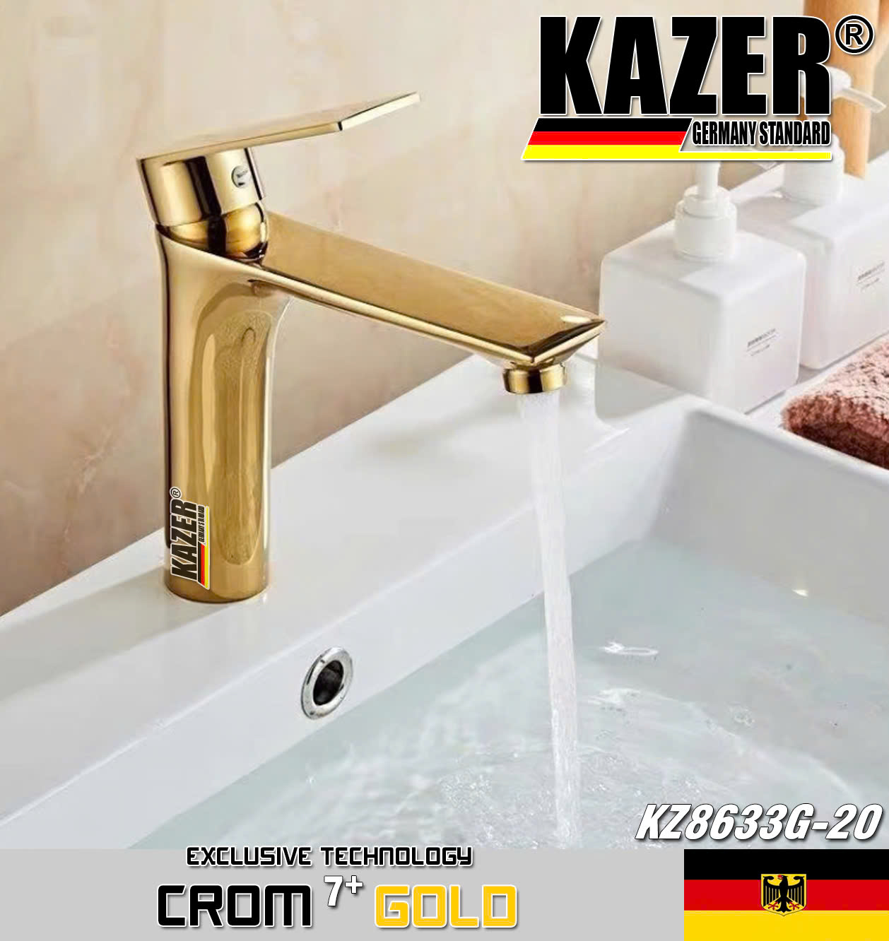 KZ8633G-20 - VÒI LAVABO NÓNG LẠNH ĐỒNG THAU KAZER, MẠ CROM 7+ GOLD 20CM