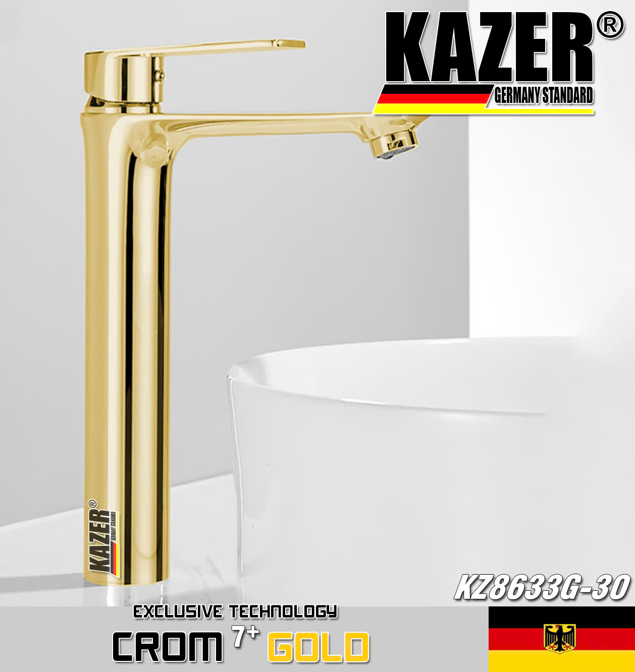 KZ8633G-30 - VÒI LAVABO NÓNG LẠNH ĐỒNG THAU KAZER, MẠ CROM 7+ GOLD 30CM
