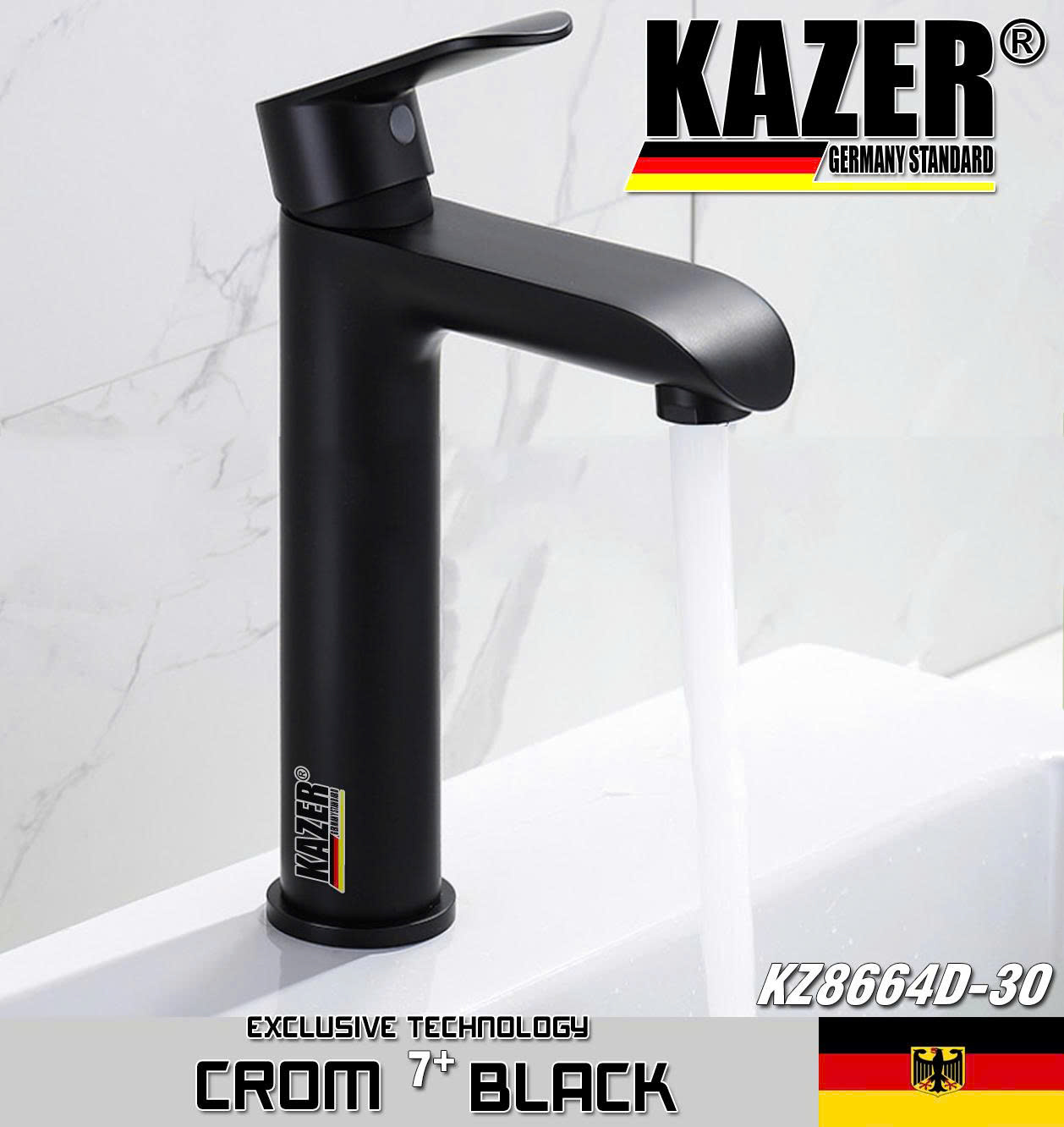 KZ8664D-30 - VÒI LAVABO NÓNG LẠNH ĐỒNG THAU KAZER, MẠ CROM 7+ BLACK 30CM