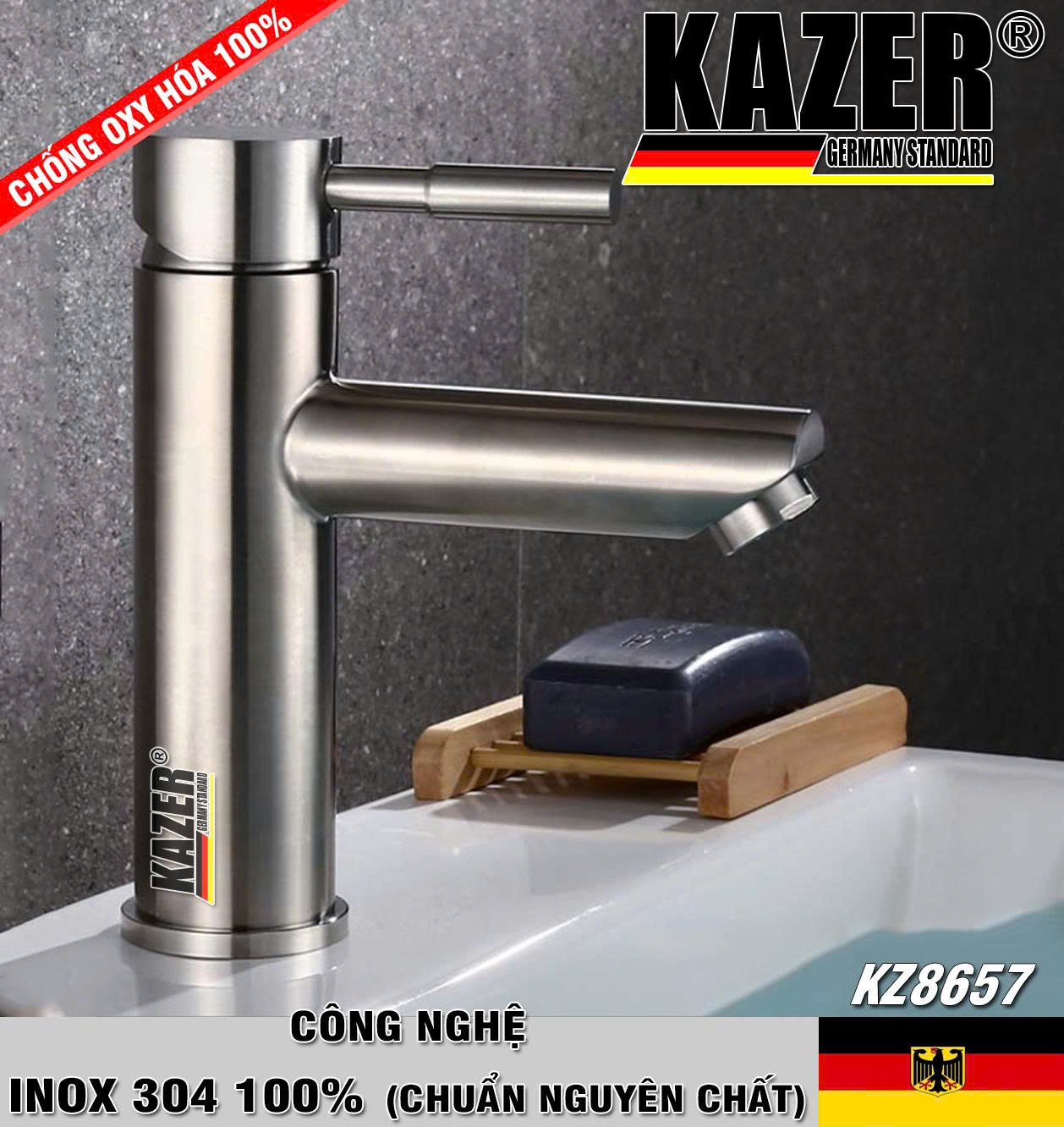 KZ8657 - VÒI LAVABO NÓNG LẠNH MẪU TRÒN INOX 304 100% CHUẨN NGUYÊN CHẤT KAZER - 20CM