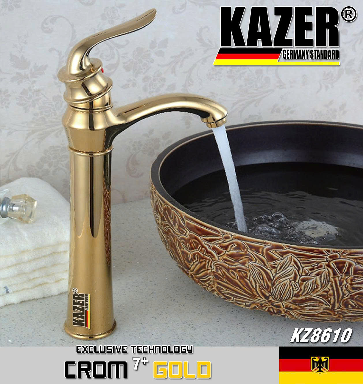 KZ8610 - VÒI LAVABO NÓNG LẠNH ĐỒNG THAU KAZER, MẠ CROM 7+ GOLD - 30CM