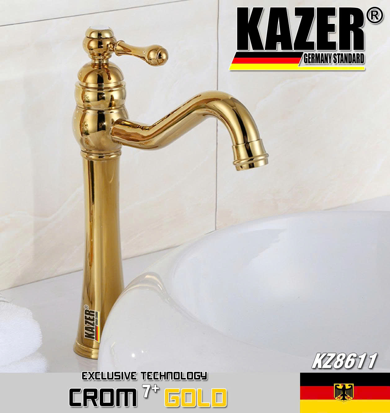 KZ8611 - VÒI LAVABO NÓNG LẠNH ĐỒNG THAU MẠ CROM 7+ GOLD KAZER - 30CM