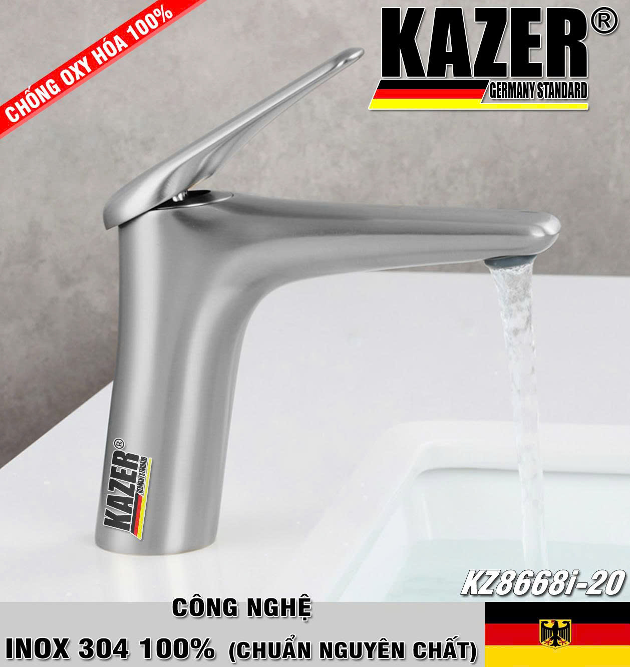 KZ8668I - VÒI LAVABO NÓNG LẠNH KAZER MẪU TRÒN INOX 304 100% CHUẨN NGUYÊN CHẤT - 20CM