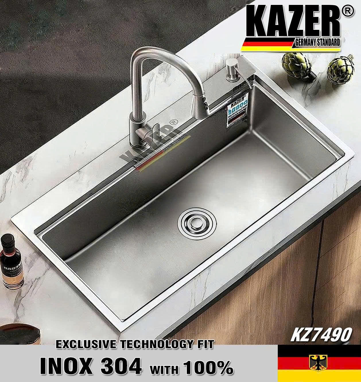 KZ7490-10050 - Chậu Rửa Chén INOX 304 DẦY 4mm KAZER , CHẬU CHUYÊN LẮP ÂM, THÀNH CHẬU GIẬT CẤP - SIZE 1000x500mm