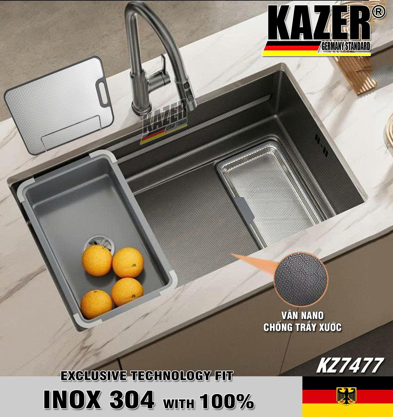 KZ7477 - BỒN RỬA CHÉN 1 HỘC KAZER, MẪU ÂM BÀN ĐÁ, INOX 304 100%, SIZE 750x450mm,CÓ CHỐNG TRẦY, TẶNG 4 PHỤ KIỆN