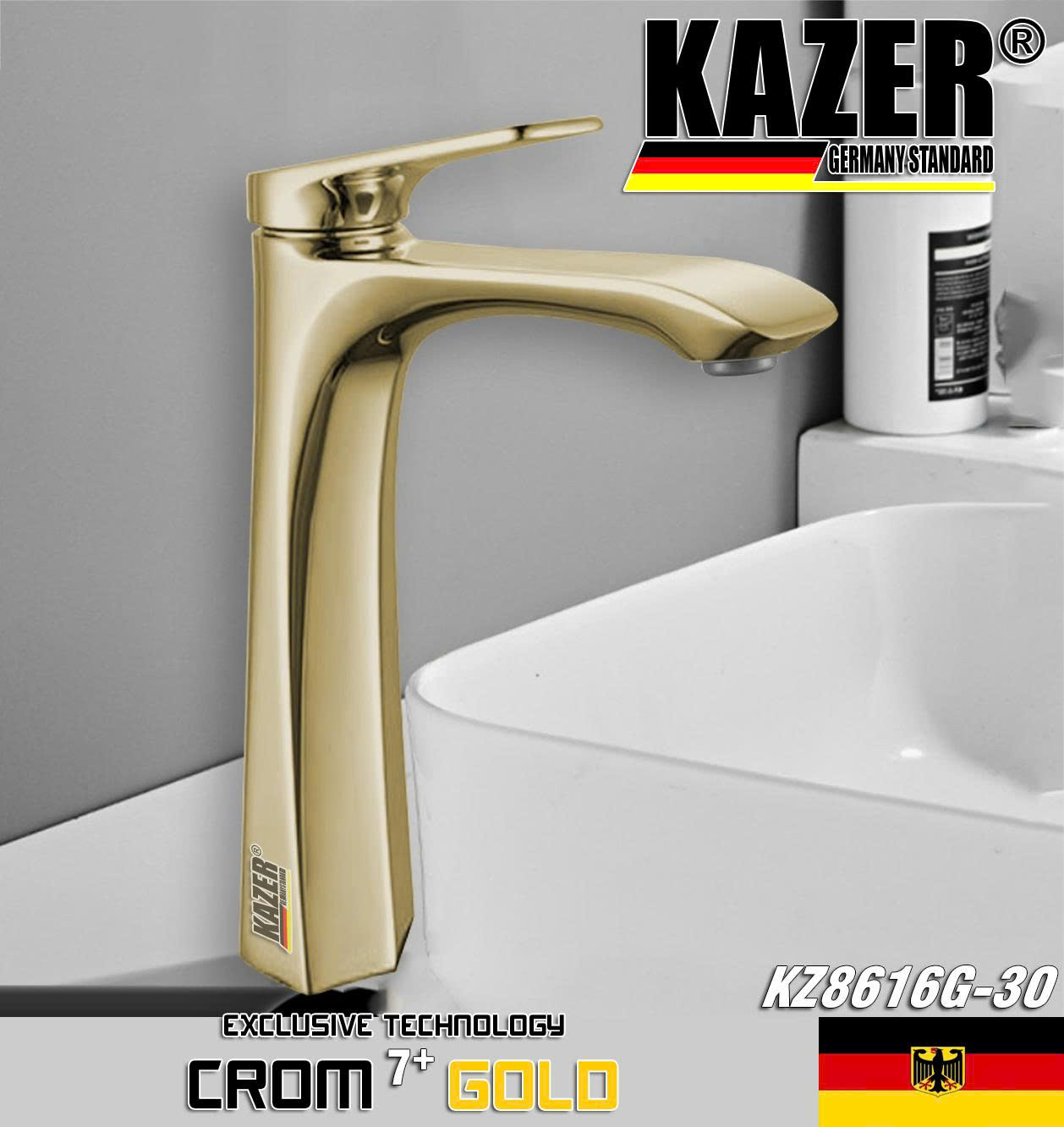 KZ8616G-30 - VÒI LAVABO NÓNG LẠNH ĐỒNG THAU KAZER, MẠ CROM 7+ GOLD - 30CM