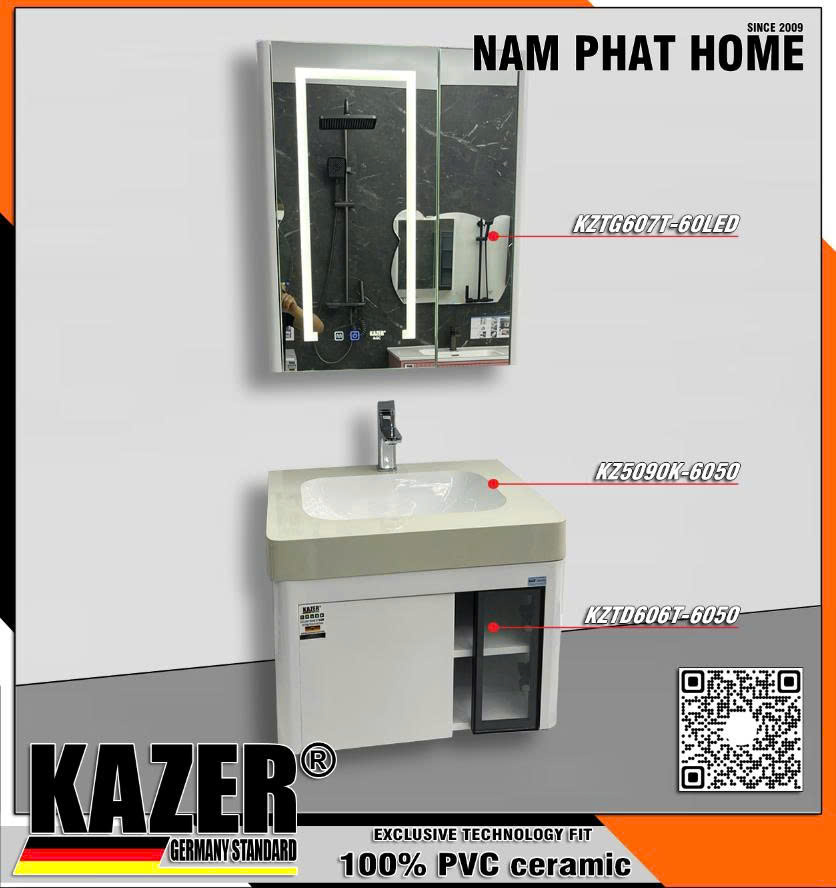 Tủ LAVABO KAZER KZTD606T + Gương led KAZER AGC Tủ PVC đặc nhập khẩu