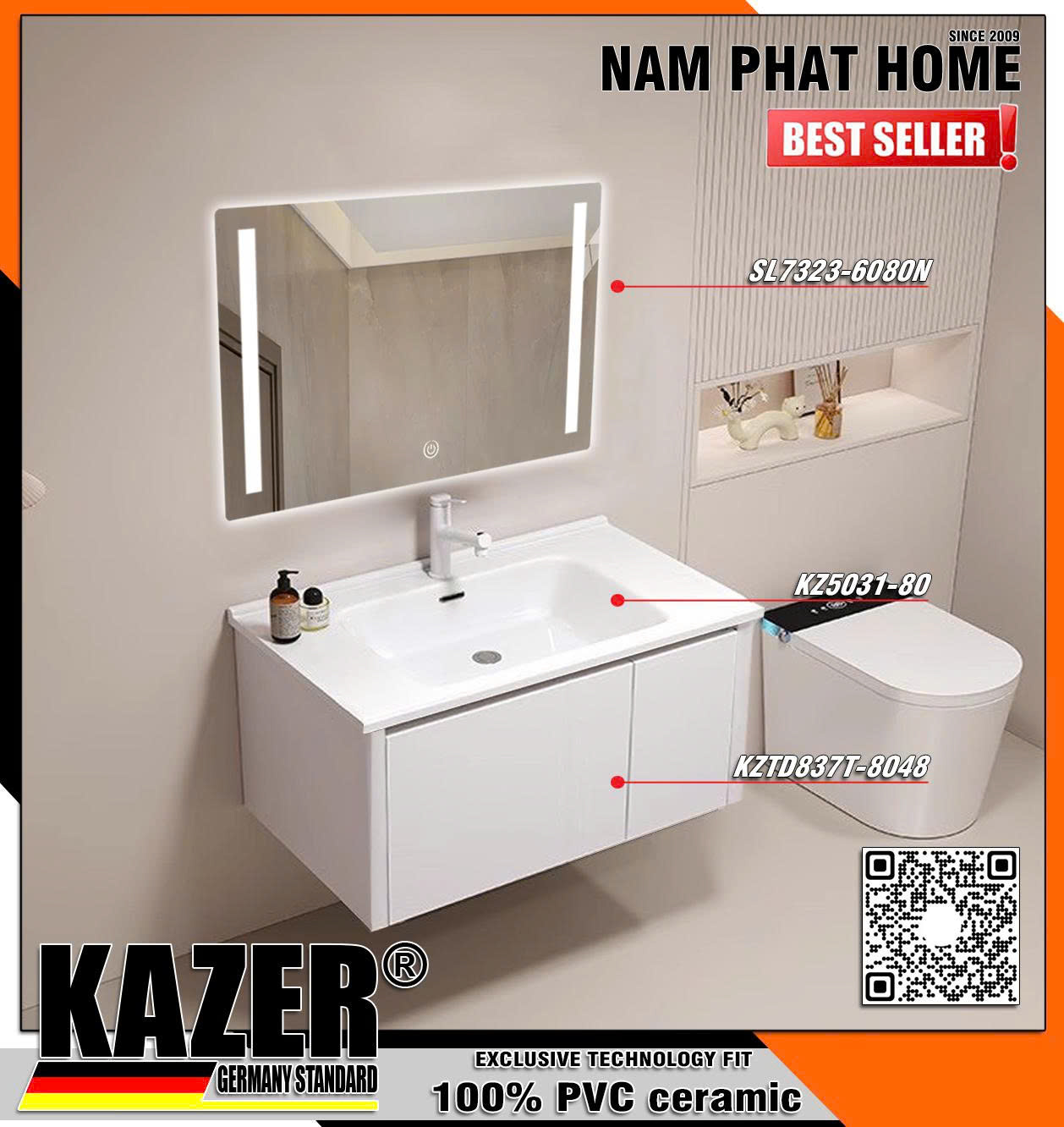 Tủ lavabo KAZER KZTD837-8048 - Gương SL7323 có led - Nhựa 100% nhập khẩu