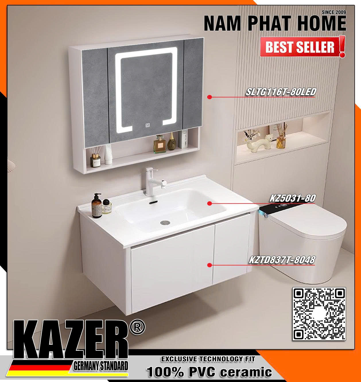 Tủ lavabo KAZER KZTD837-8048 + Tủ Gương SLTG116T-80LED - TỦ NHỰA 100% NHẬP KHẨU