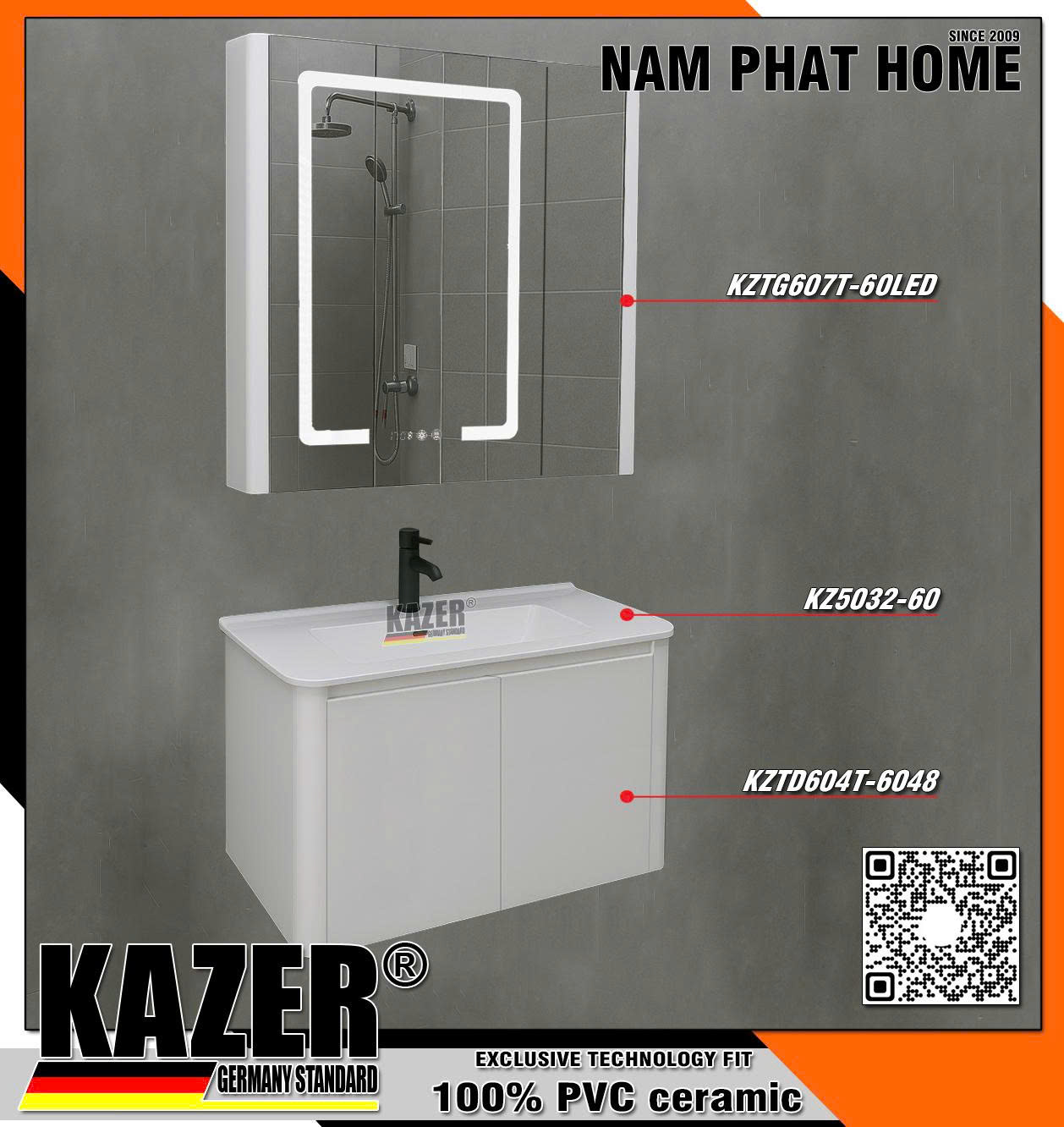Tủ lavabo KAZER KZTD604T - Tủ gương KZTG607T có led - Nhựa 100% nhập khẩu