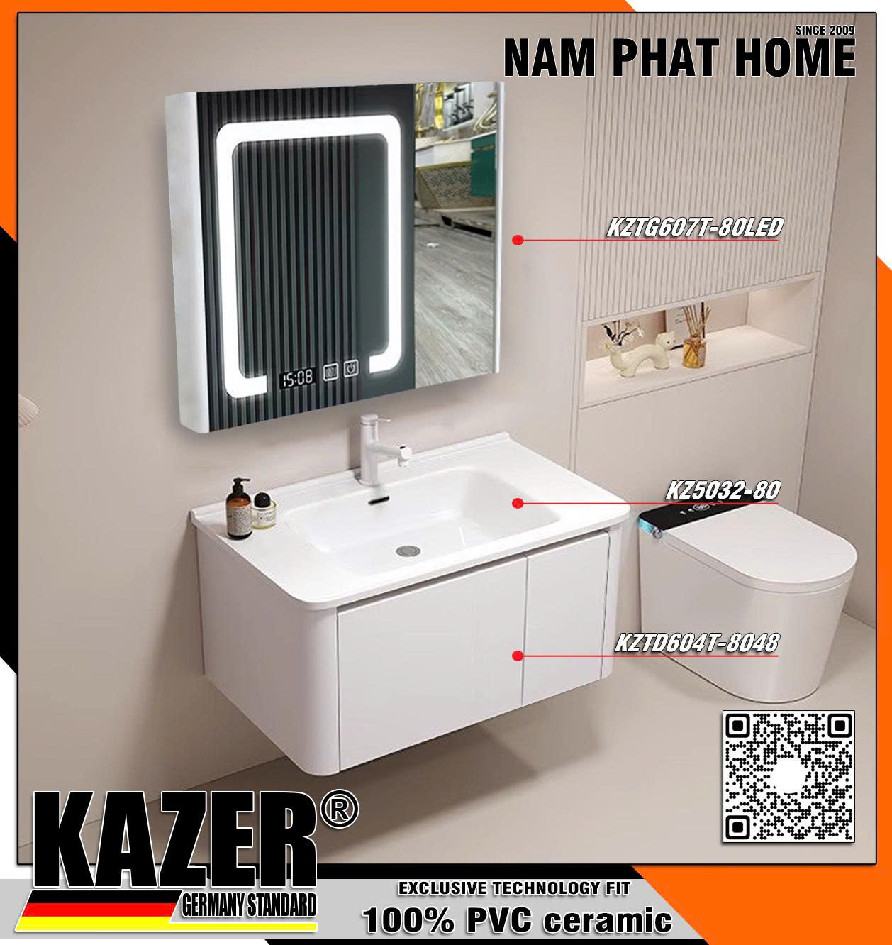 Tủ lavabo KAZER KZTD604T - Tủ gương KZTG607T-80LED - Nhựa 100% nhập khẩu
