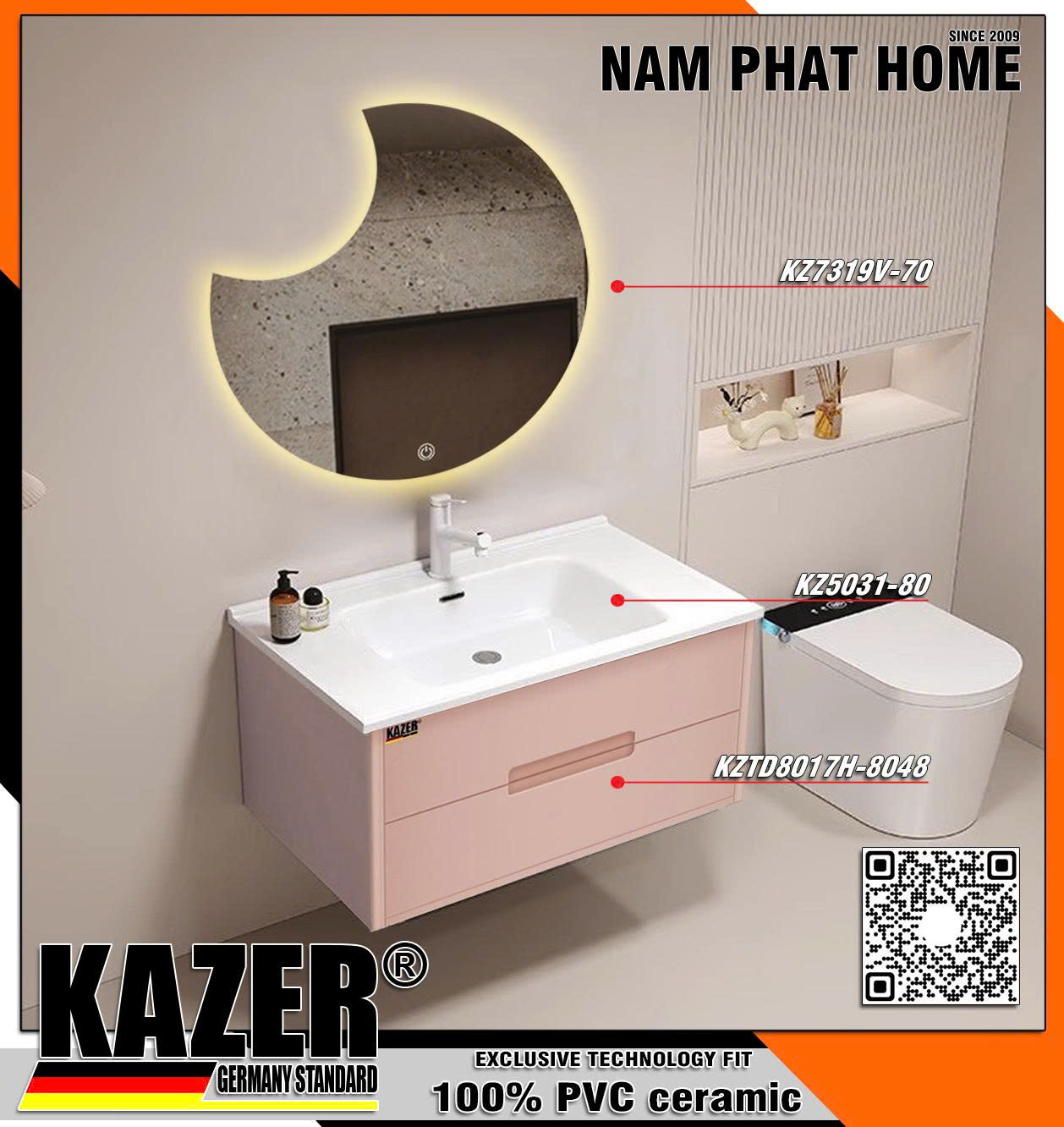 Tủ lavabo KAZER KZTD8017H + Gương vầng trăng KZ7319V-70 - Tủ nhựa 100% nhập khẩu 