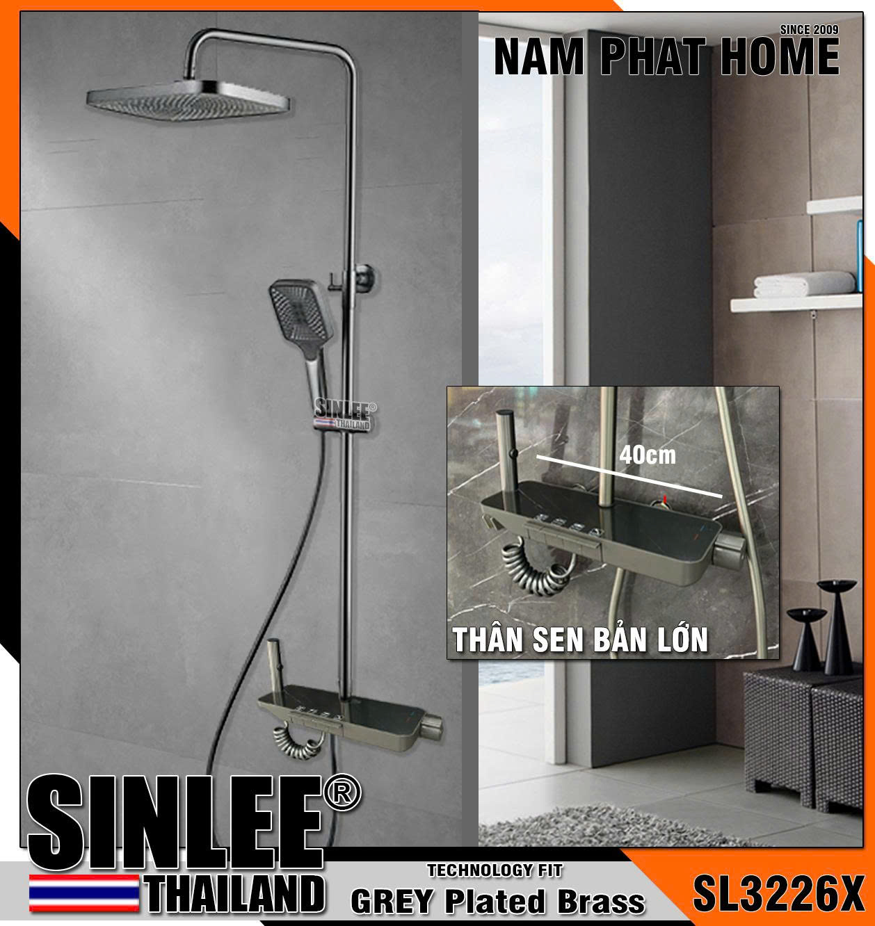 SL3226X – SEN CÂY TẮM ĐỨNG PHÍM ĐÀN MÀU XÁM, BẢN LỚN 400mm, SINLEE