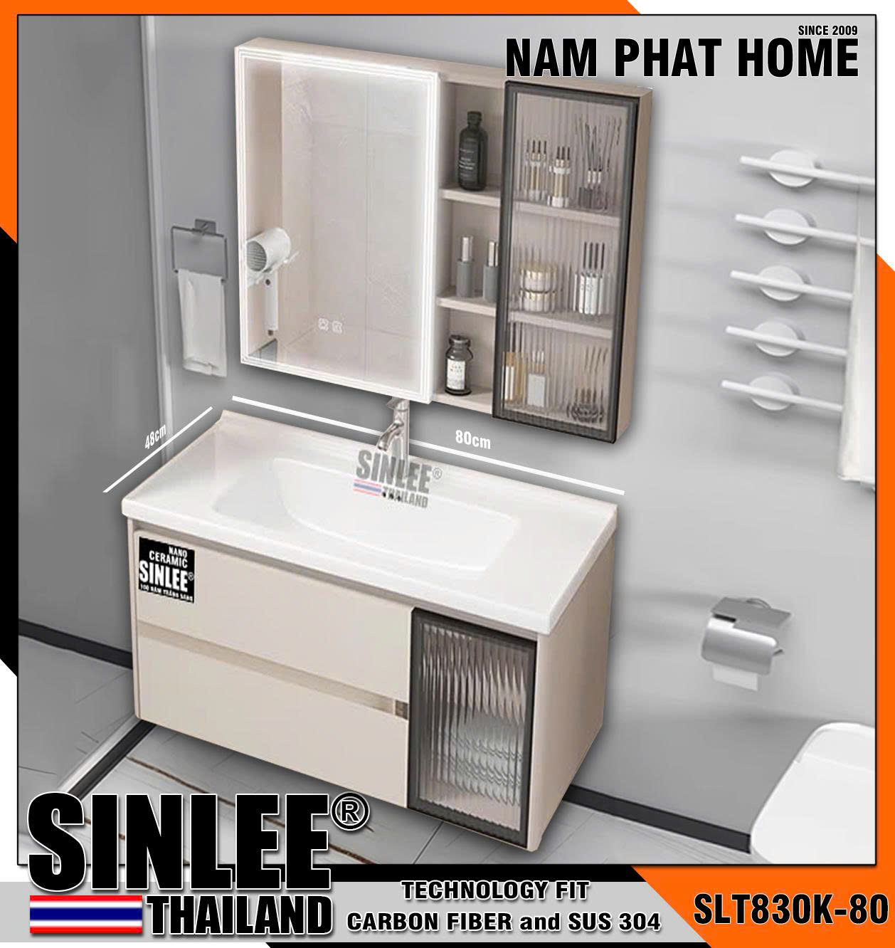 SLT830K-8048 -  LAVABO TỦ SINLEE HỢP KIM NHÔM  CHỐNG THẤM, MÀU KEM, TỦ GƯƠNG LED CÓ SẤY GƯƠNG