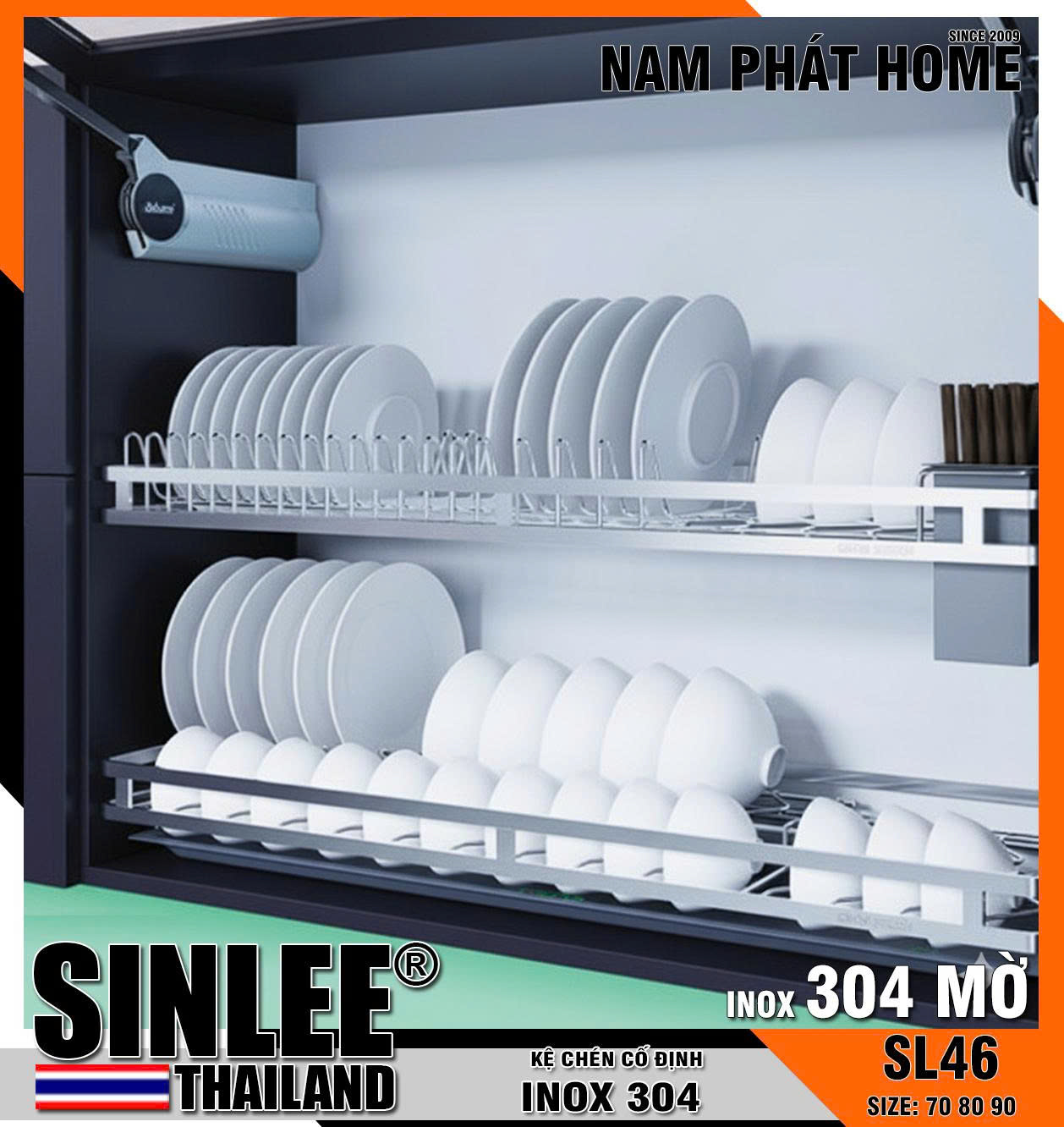 SL46 - KỆ CHÉN 2 TẦNG ÂM TỦ BẾP LOẠI DÀY CÓ ỐNG ĐŨA - INOX304