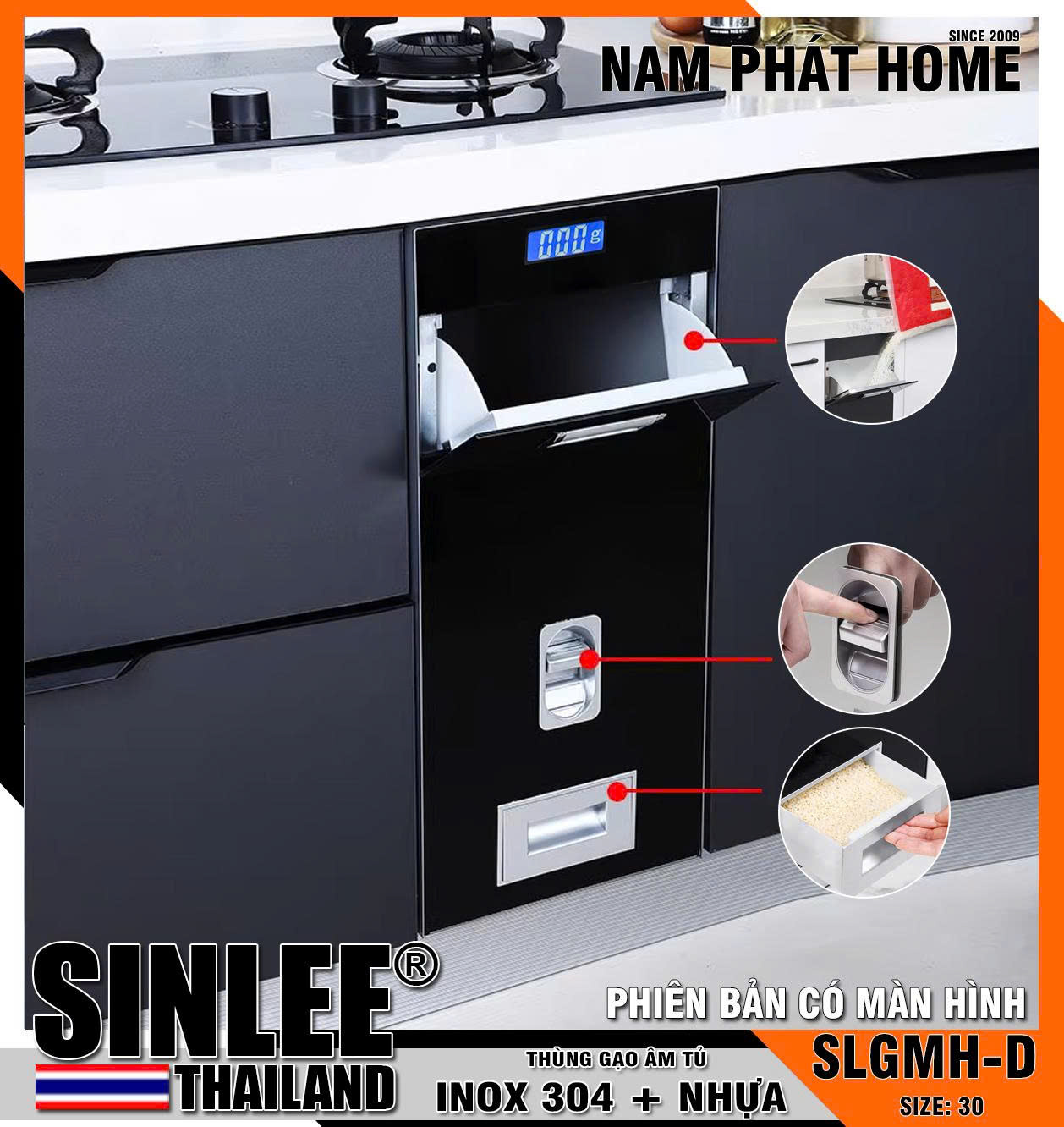 SLGMH -D - THÙNG GẠO ÂM TỦ ĐEN INOX 304 + NHỰA ABS - CÓ MÀN HÌNH - SIZE 300