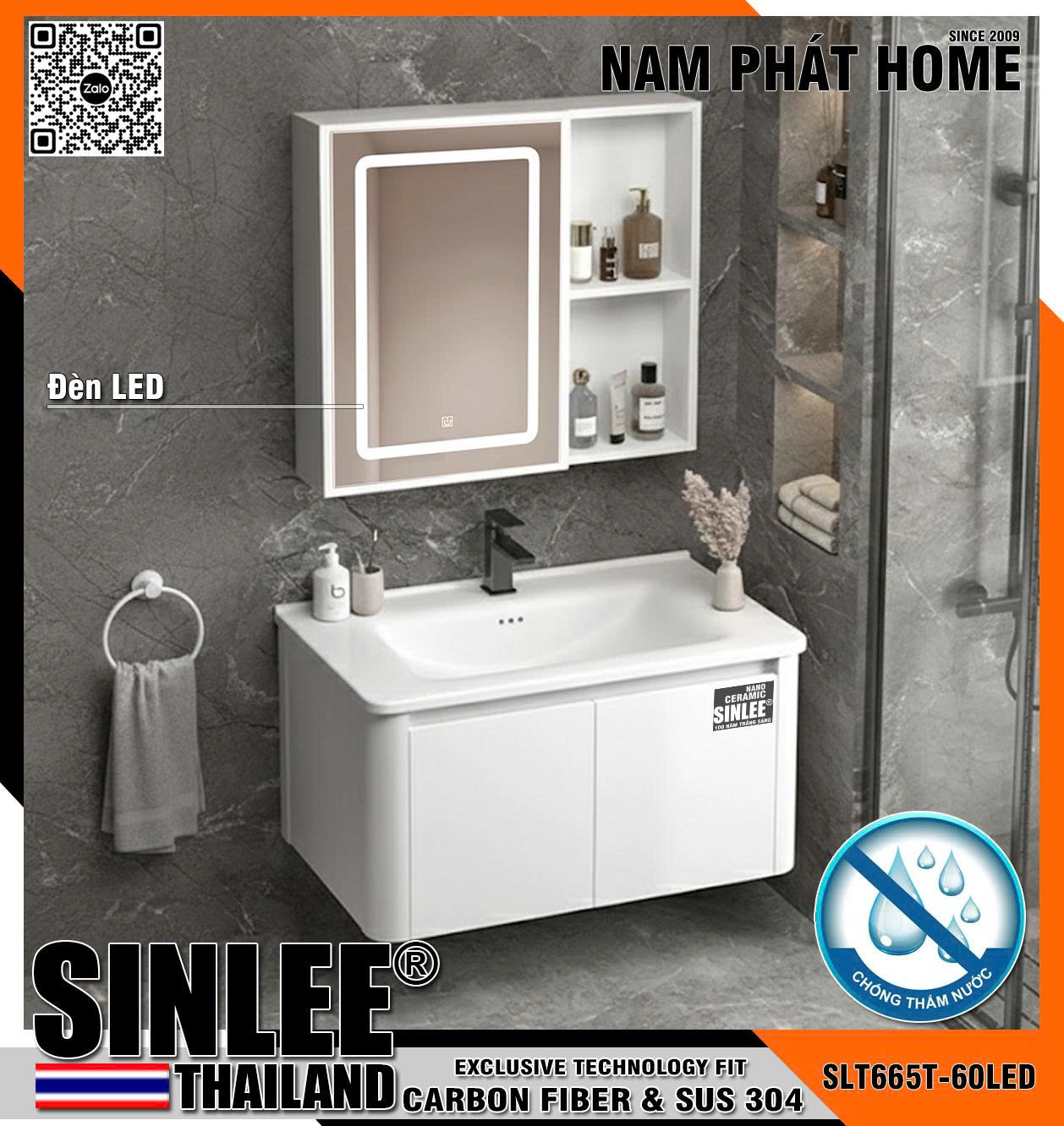 SLT665T-60LED - LAVABO TỦ SINLEE, HỢP KIM NHÔM CHỐNG THẤM, 2 CÁNH MỞ, TỦ GƯƠNG CÓ LED SINLEE - SIZE 60CM