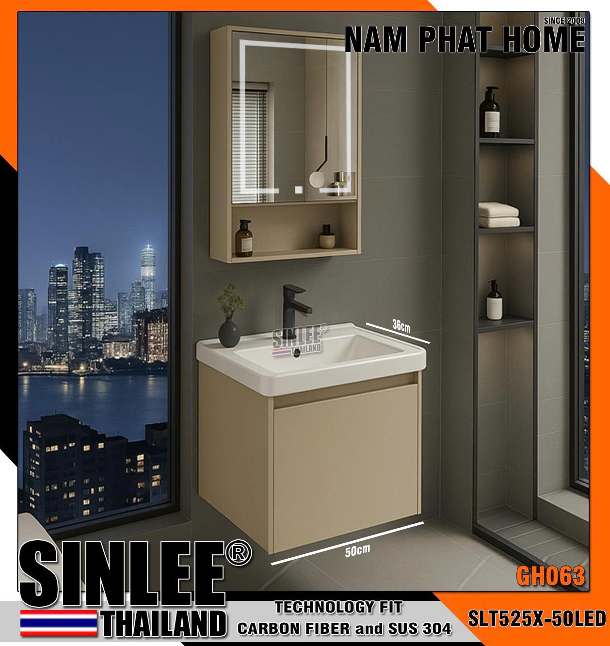 SLT525K-50LED,GH063 - BỘ TỦ LAVABO GH063,MÃ CŨ STL652K, HỢP KIM NHÔM DÀY FIBER CARBON MÀU KEM, TỦ GƯƠNG LED, SIZE 500X370 mm