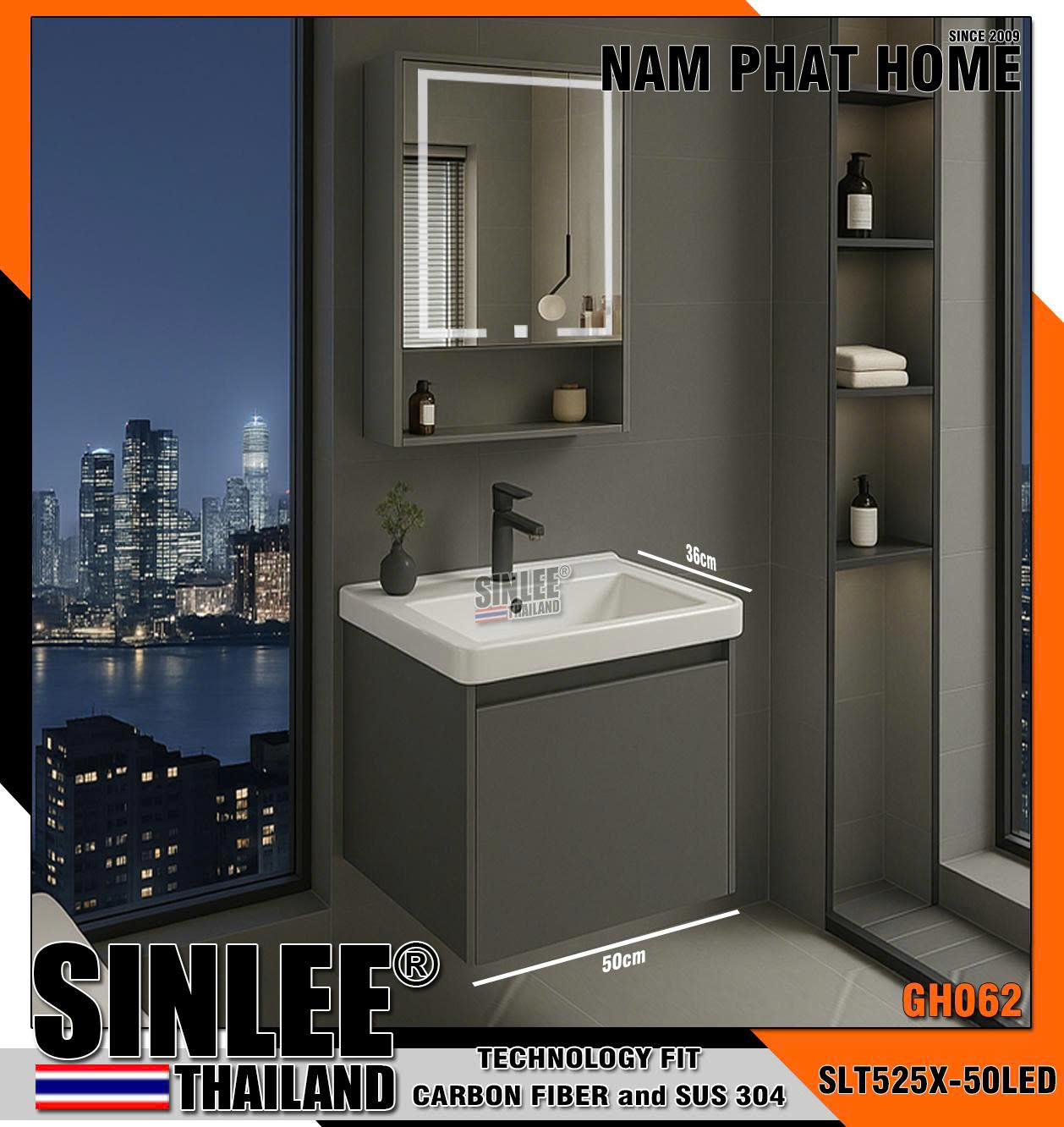 SLT525X-50LED,GH062 - BỘ TỦ LAVABO GH062,MÃ CŨ STL652X, HỢP KIM NHÔM DÀY FIBER CARBON MÀU XÁM, TỦ GƯƠNG LED, SIZE 500X370 mm