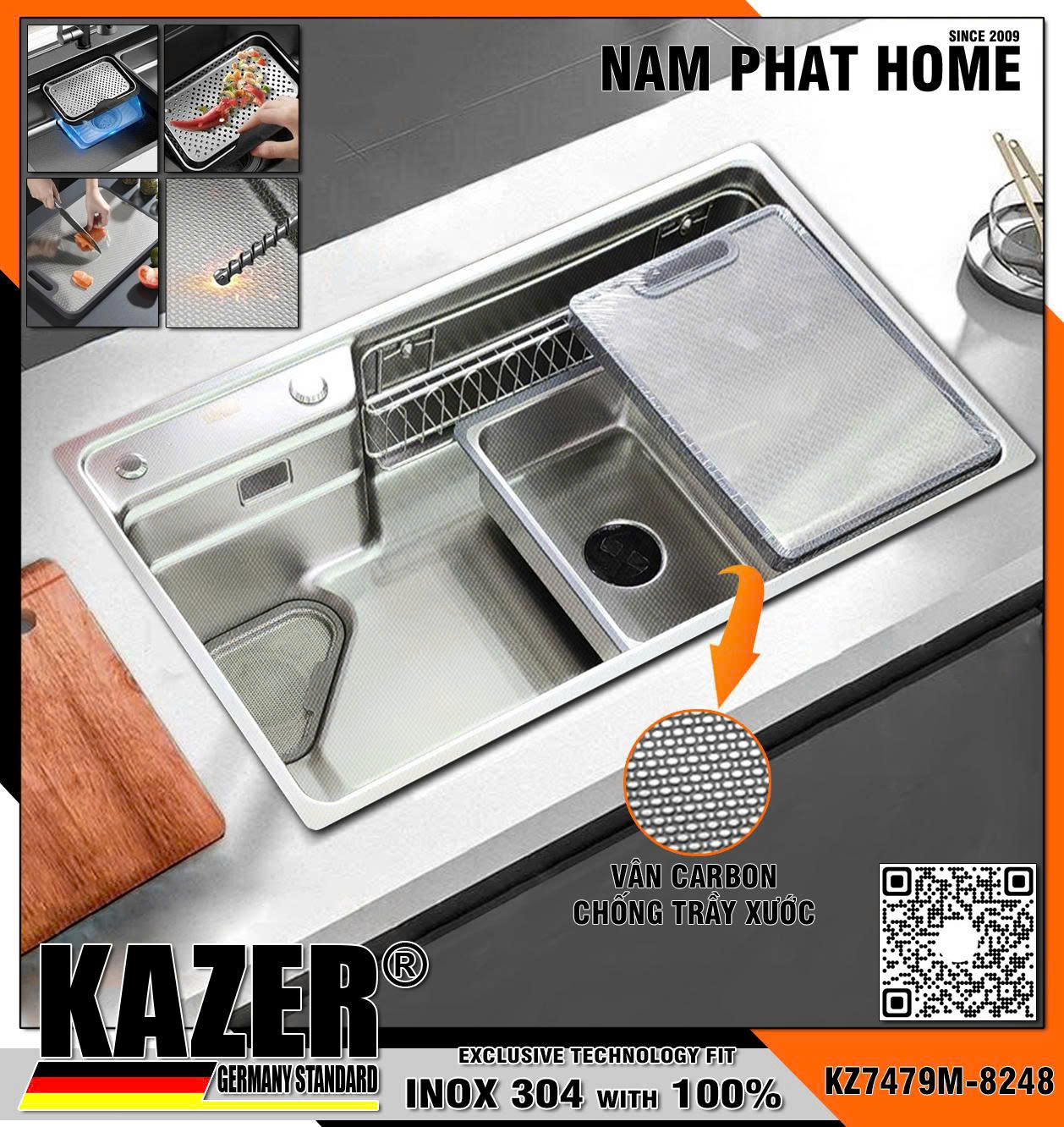 KZ7479M -7548- BỒN RỬA CHÉN 1 HỘC KAZER, INOX ĐÚC NHẬP KHẨU 304 100%