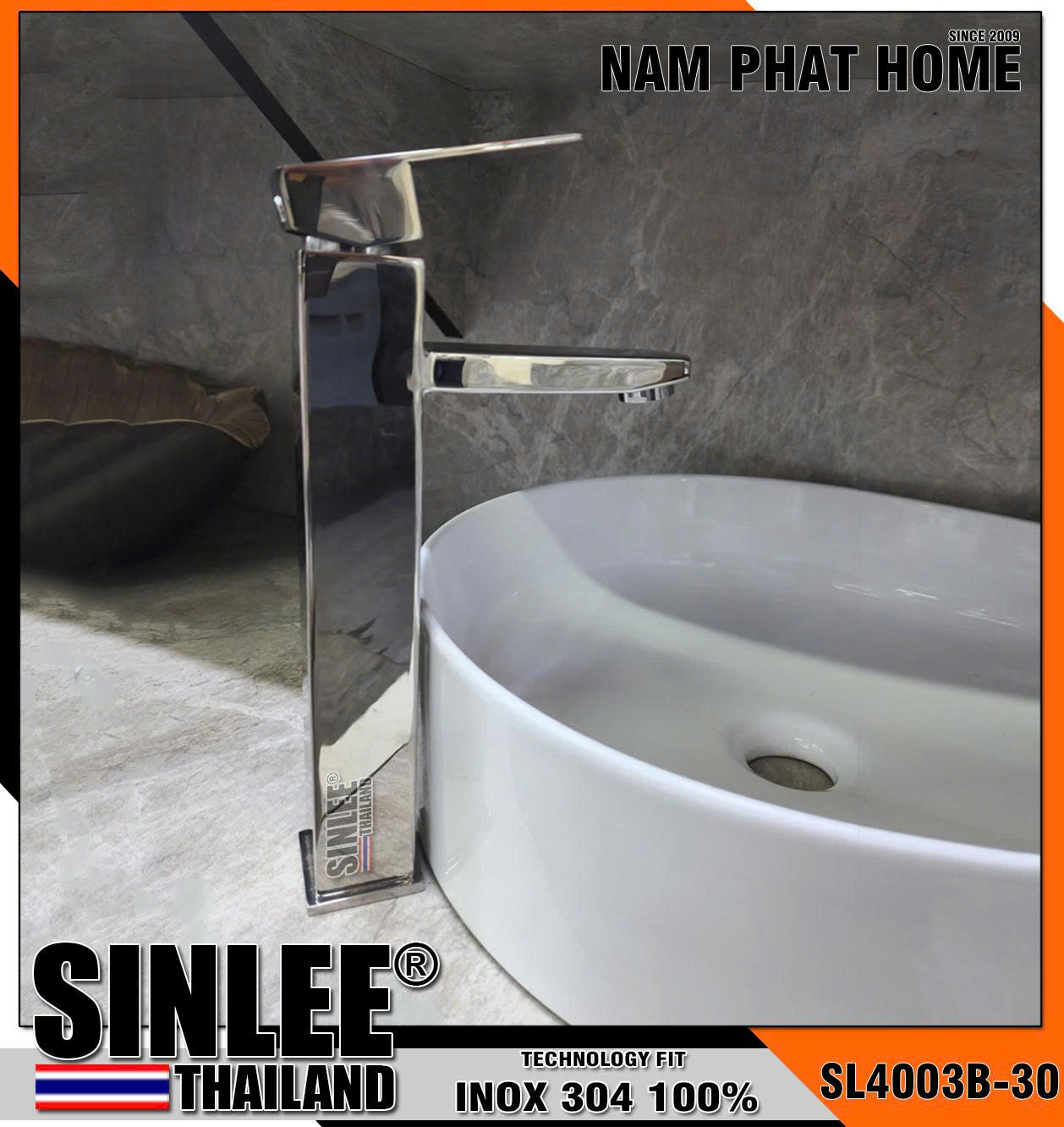 SL4003B-30 - VÒI LAVABO NÓNG LẠNH INOX 304, BÓNG MẪU VUÔNG 30CM
