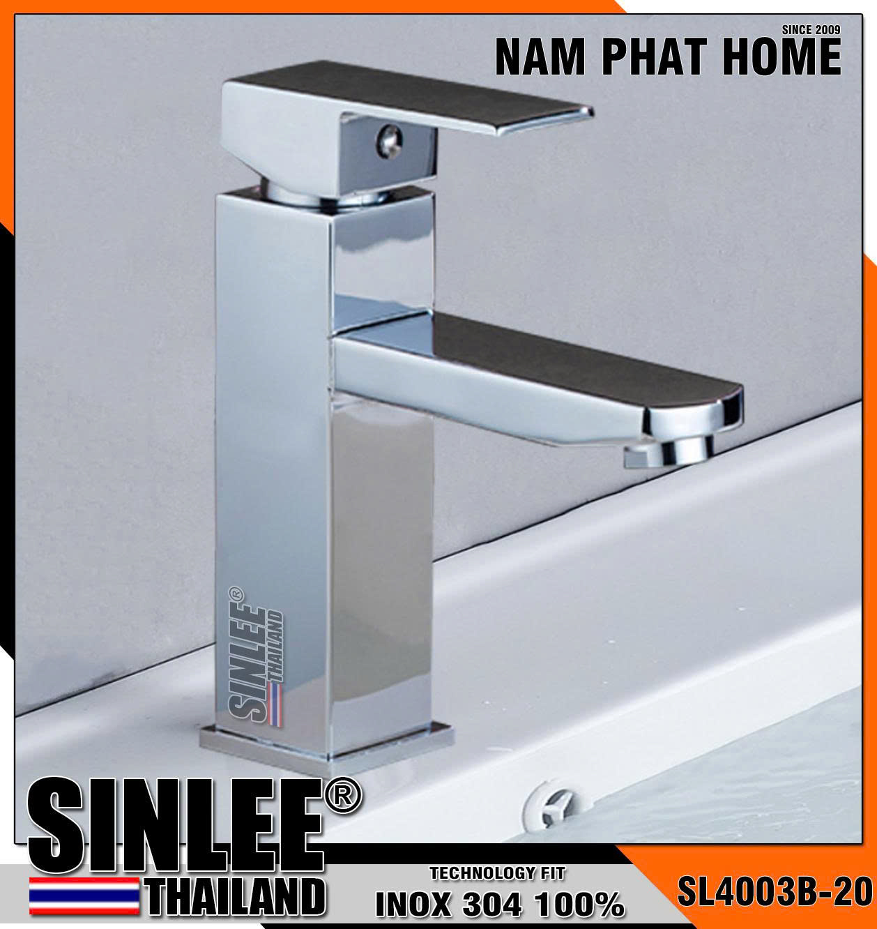 SL4003B-20 - VÒI LAVABO NÓNG LẠNH INOX 304 BÓNG, MẪU VUÔNG 20CM