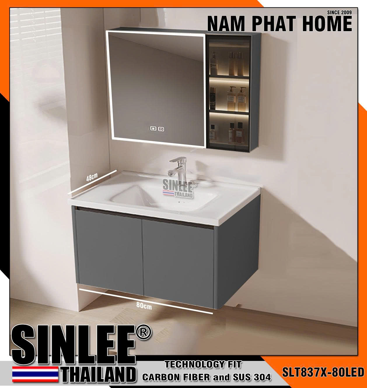 SLT843X-80LED- TỦ LAVABO SINLEE CHỐNG THẤM 