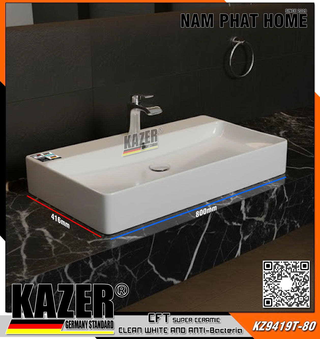 KZ9419T-80 – LAVABO SỨ ĐẶT BÀN KAZER GERMANY MÀU TRẮNG, SIZE 800X416X135mm