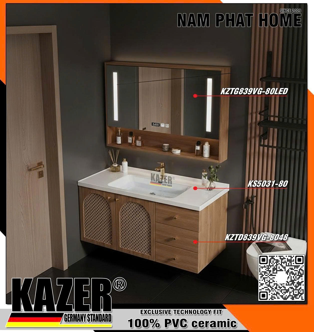 Tủ lavabo KAZER KZTD839VG-8048 + Tủ gương KZTG839VG-80LED Tủ nhựa PVC 100% Nhập Khẩu