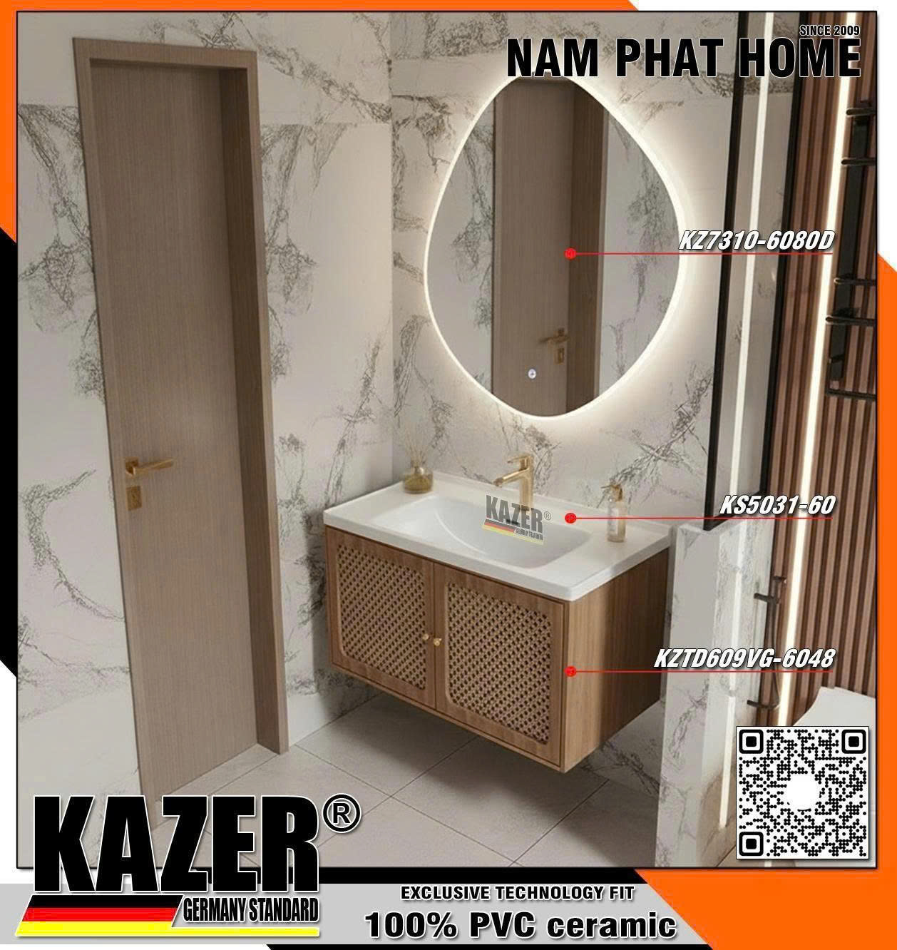 Tủ lavabo KAZER KZTD609VF-6048 + Gương led KAZER AGC Tủ PVC nhập khẩu