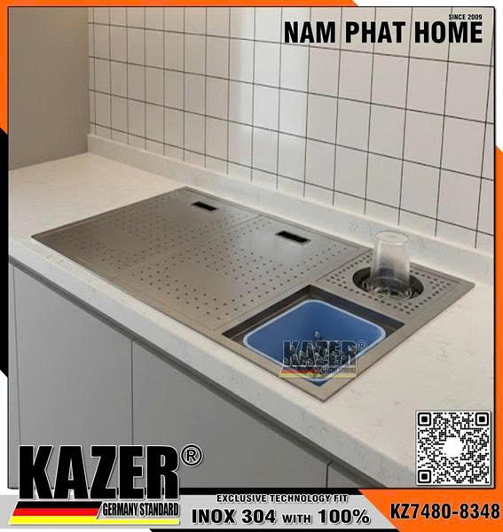KZ7480-8348 - CHẬU RỬA CHÉN 1 HỘC INOX 304 CHUẨN NGUYÊN CHẤT, KÈM VÒI RỬA ÂM CHẬU - SIZE 830x480mm