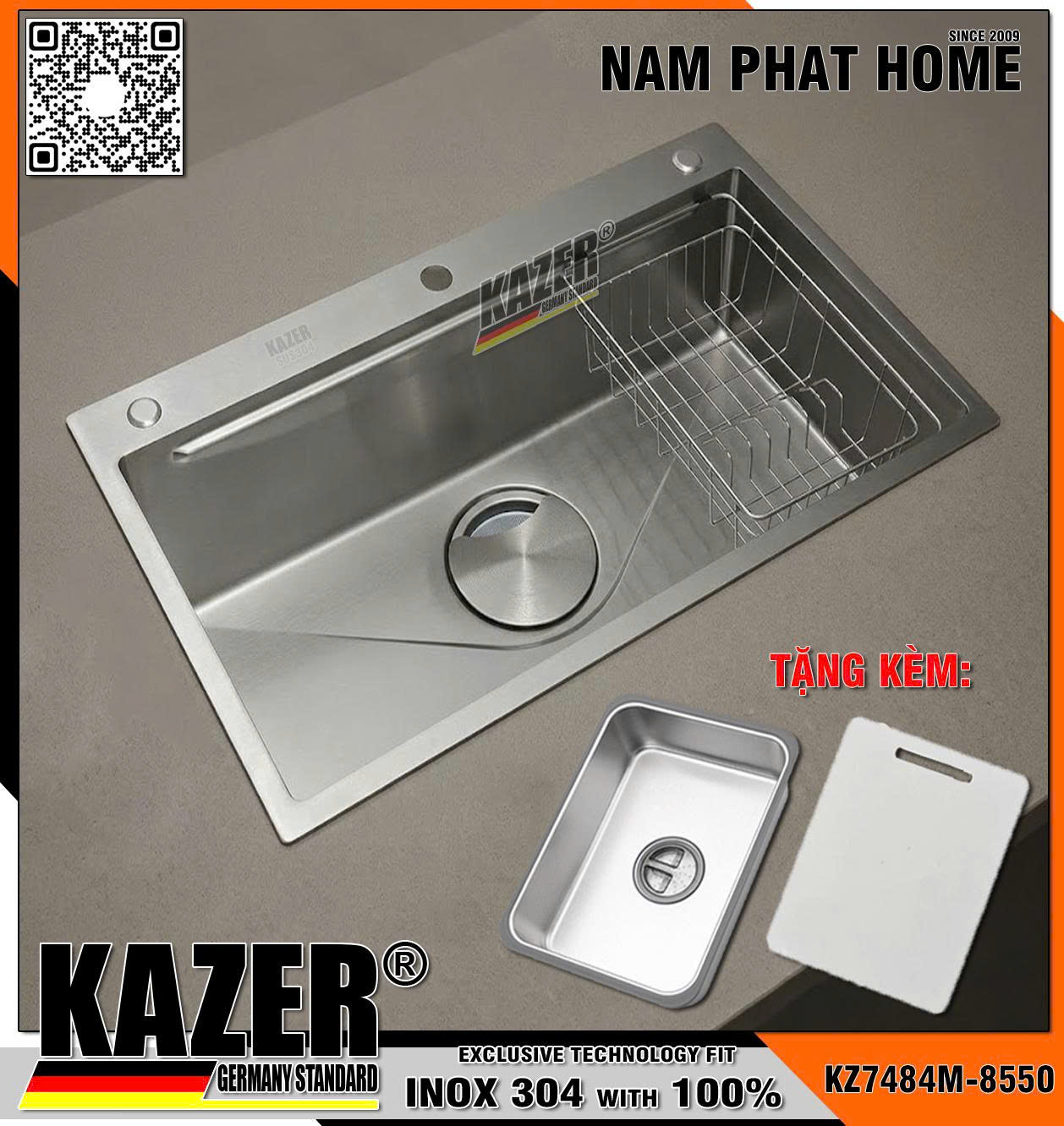 KZ7484M - CHẬU RỬA CHÉN 1 HỘC KAZER, INOX 304 100% CHUẨN NGUYÊN CHẤT