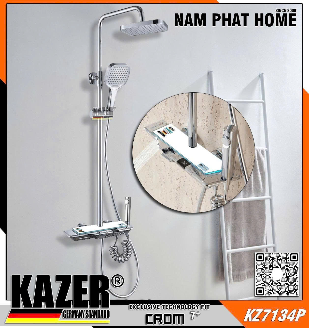 KZ7134P- CÂY SEN TẮM ĐỨNG PHÍM  ĐÀN LỚN,THÂN ĐÚC 3000gram, mạ Crome 7 lớp 