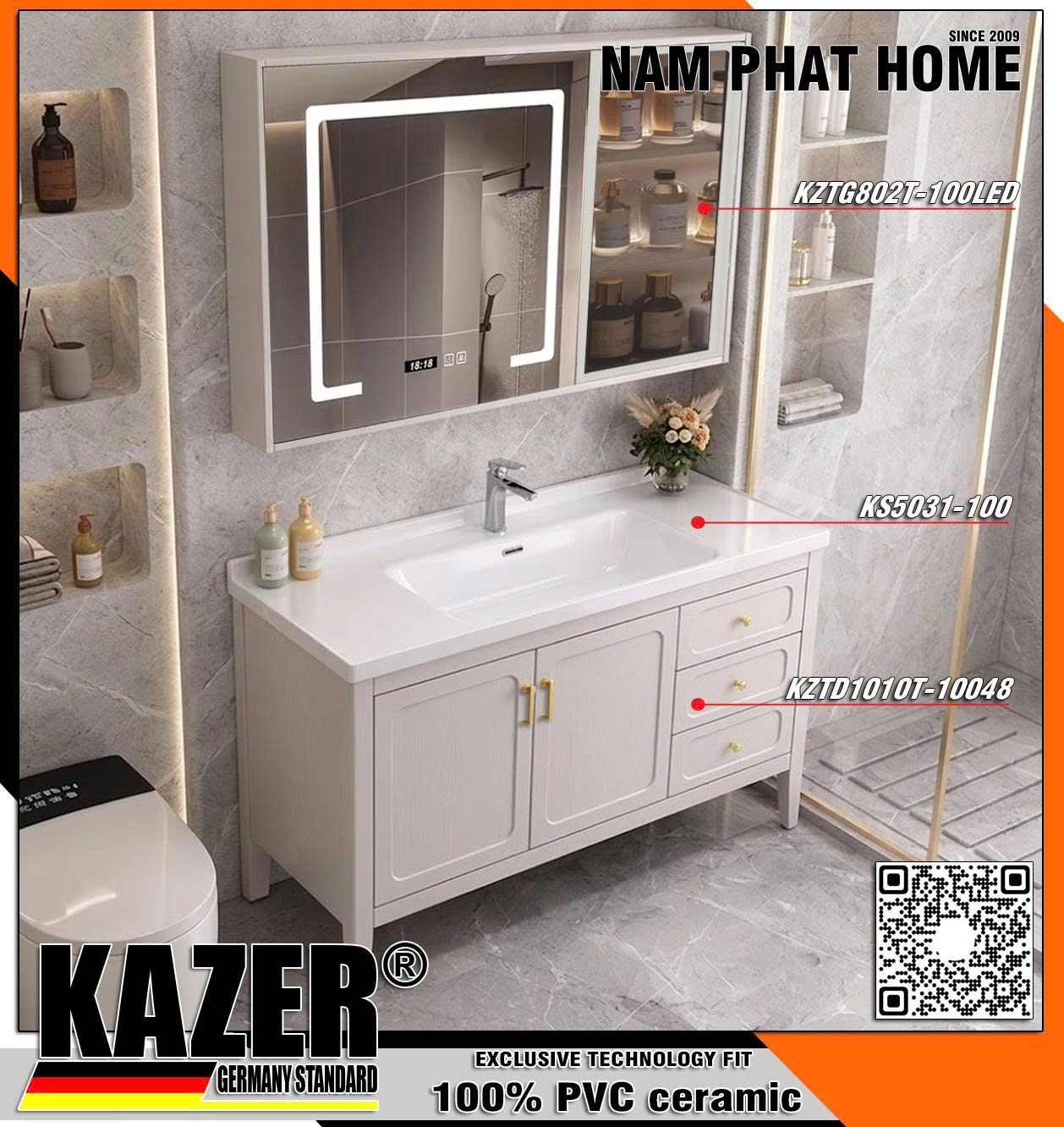 Tủ Lavabo KAZER KZTD1010T-10048 + Tủ Gương KZTG802T-100LED