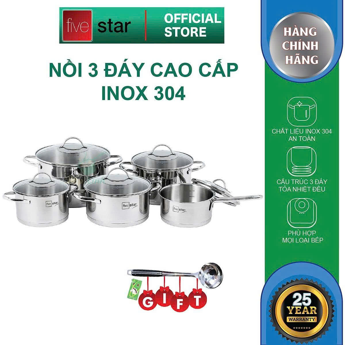 Bộ Nồi Inox 304 3 Đáy Cao Cấp FIVESTAR Plus Quai Oval Kiểu Silit 5 Món Nắp Kính ( BESTSALE)