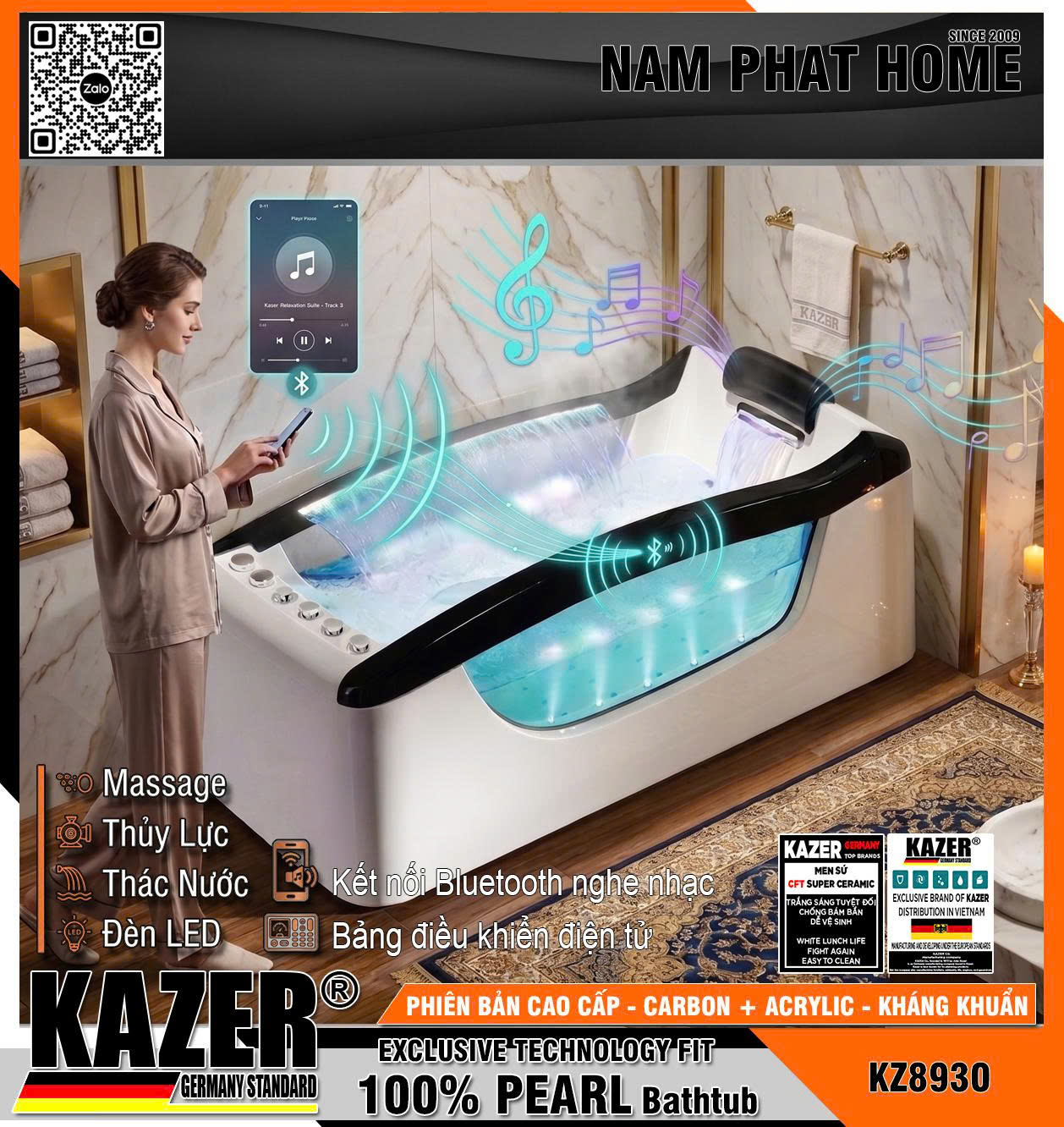 KZ8930 - BỒN TẮM SỢI CARBON PHỦ NGỌC TRAI  KAZER, MẪU THẲNG MASSA THỦY LỰC + 10 MẮT SỤC KHÍ