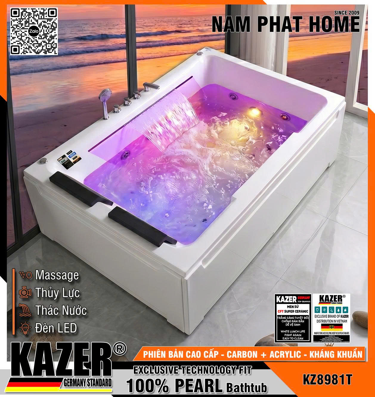 KZ8981T - BỒN TẮM SỢI CARBON PHỦ NGỌC TRAI KAZER, MẪU TẮM ĐÔI MASSA THỦY LỰC + 10 MẮT SỤC KHÍ CÓ ĐÈN LED, CÓ THÁC NƯỚC