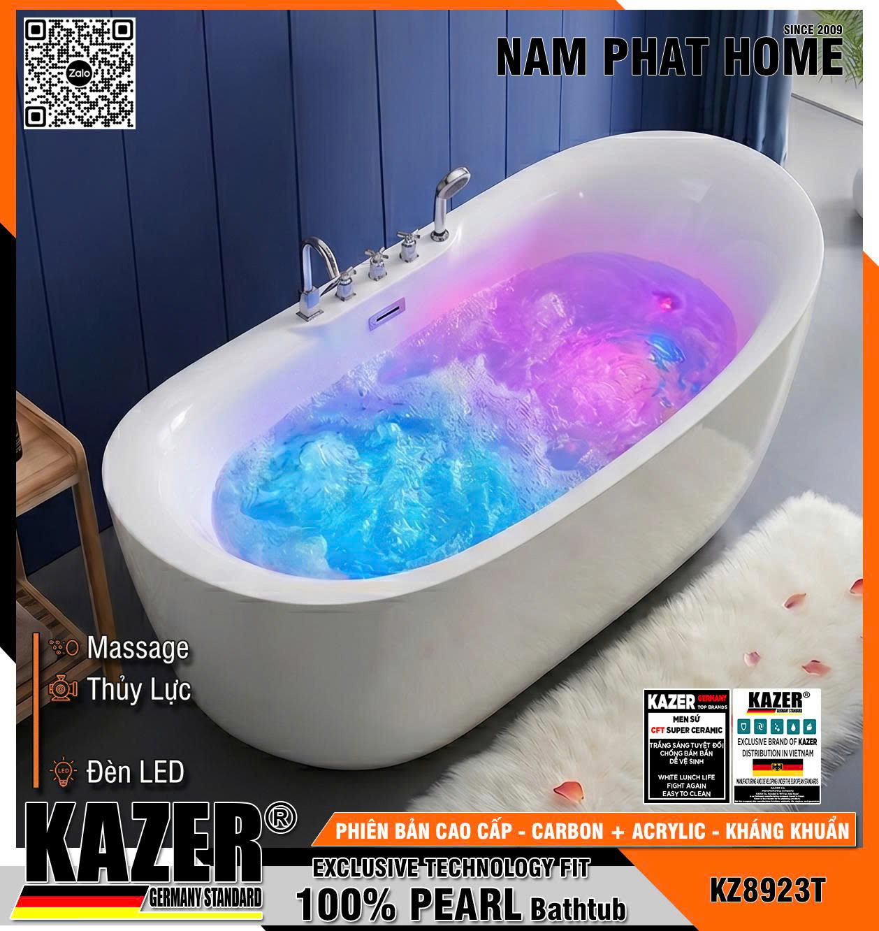 KZ8923T - BỒN TẮM SỢI CARBON PHỦ NGỌC TRAI  KAZER, MẪU THẲNG MASSA THỦY LỰC + 10 MẮT SỤC KHÍ