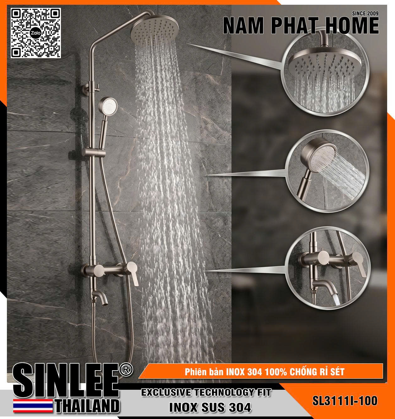  SL3111I - SEN CÂY TẮM ĐỨNG TRÒN LỆCH TĂNG ÁP INOX  MỜ, CỦ SEN THÂN ĐÚC, TAY SEN TĂNG ÁP -