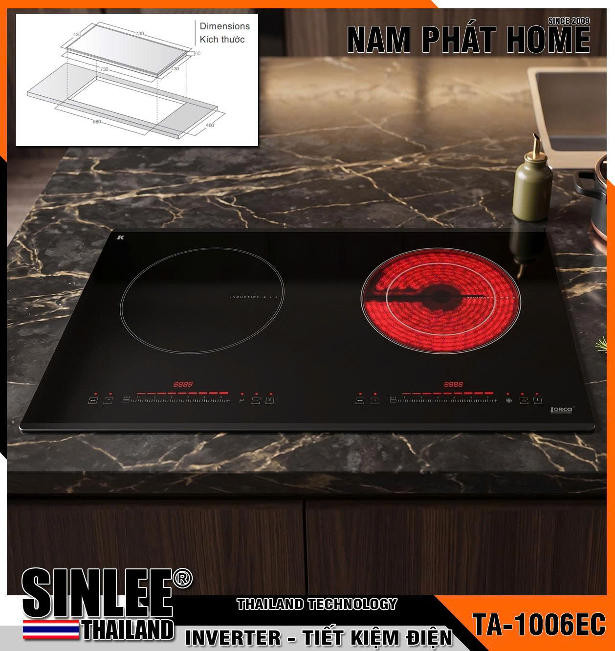 TA-1006EC BẾP HỖN HỢP ĐIỆN TỪ SINLEE PHÂN PHỐI CHÍNH HÃNG LORCA KT 730x430mm