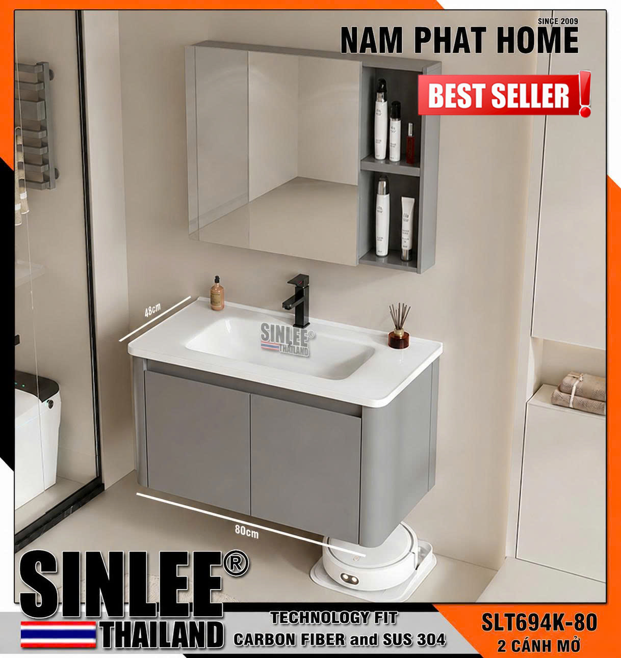 SLT694X-80 - LAVABO TỦ BO CONG SINLEE, MẶT SỨ CONG, HỢP KIM NHÔM CHỐNG THẤM, MÀU XÁM - 80cm  (1)