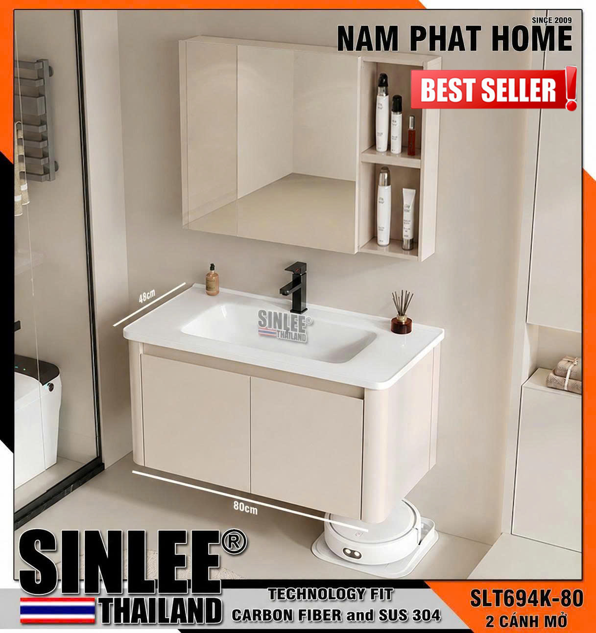 SLT694K-80 - LAVABO TỦ BO CONG SINLEE, MẶT SỨ CONG, HỢP KIM NHÔM CHỐNG THẤM, MÀU KEM - 80cm  (1)