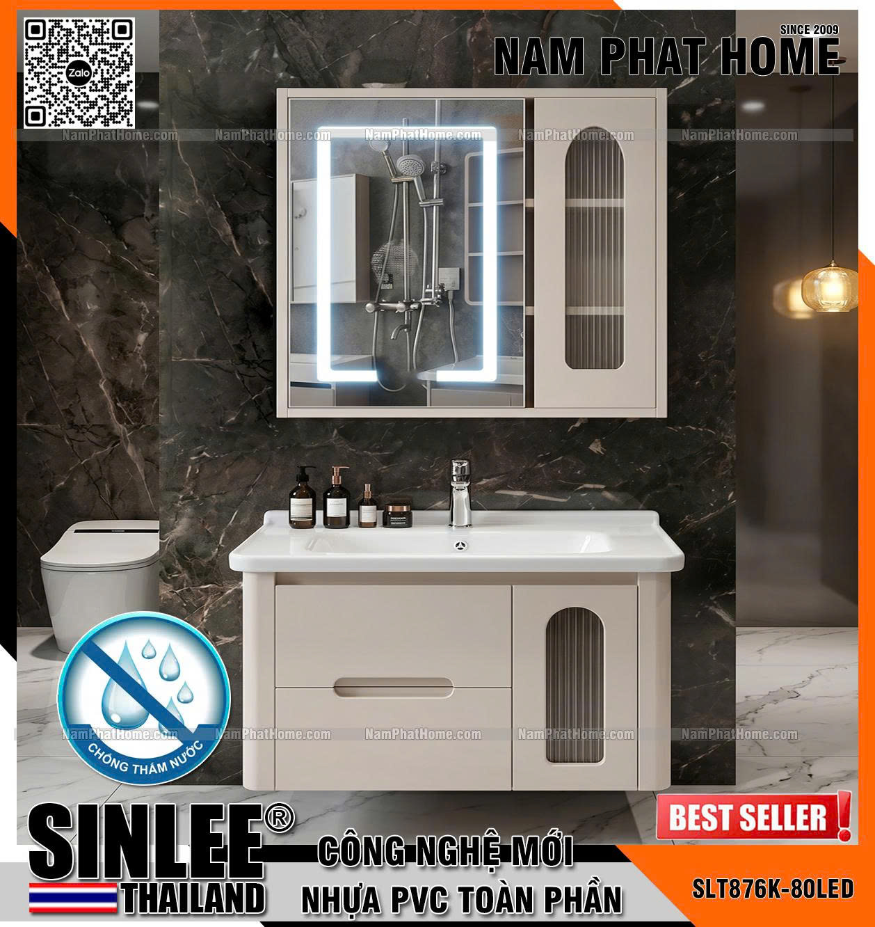 SLT876K-80LED, Bộ tủ lavabo Pvc, Bo cong, Tủ gương led, Màu kem , Size 800x480mm