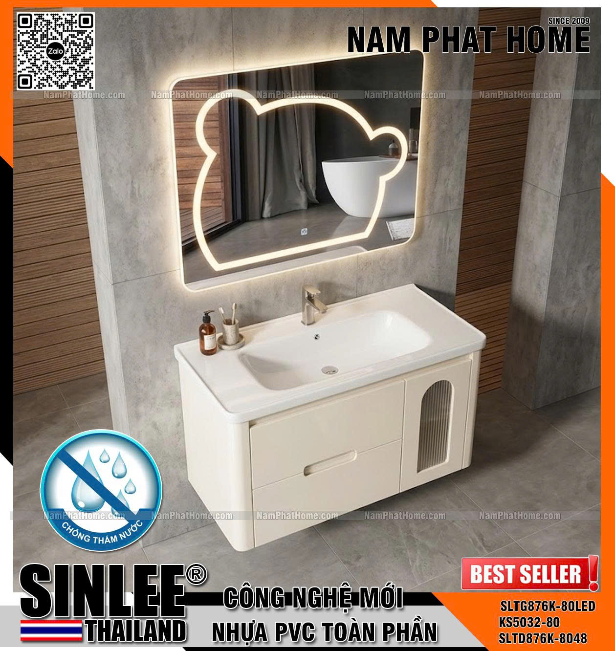 SLTD876K-, Bộ tủ lavabo Pvc, Bo cong, Gương gấu led, Màu kem , Size 800x480mm