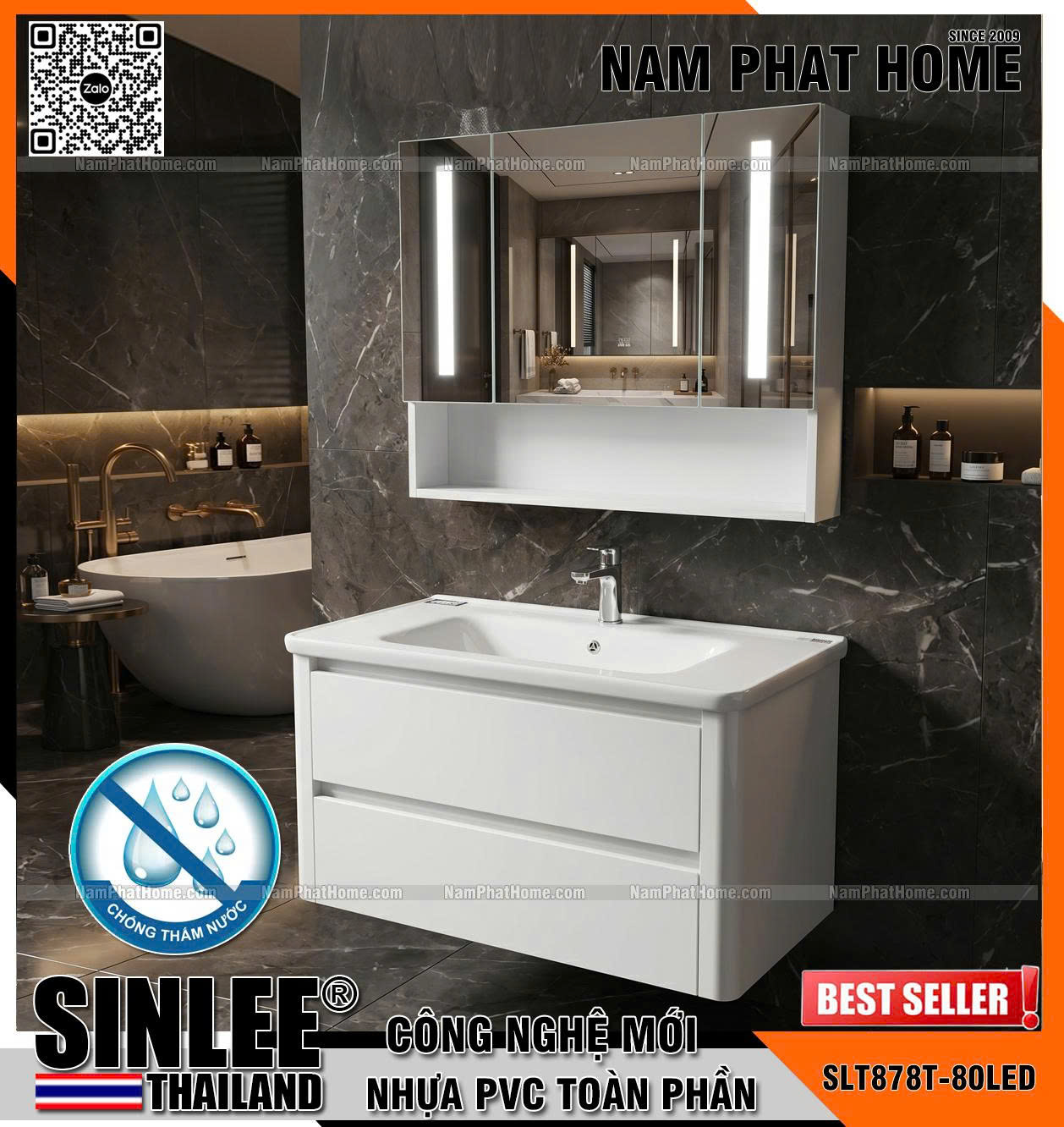 SLT878T-80LED, Bộ tủ lavabo Pvc, Bo cong, Tủ gương led, Màu trắng, Size 800x480mm